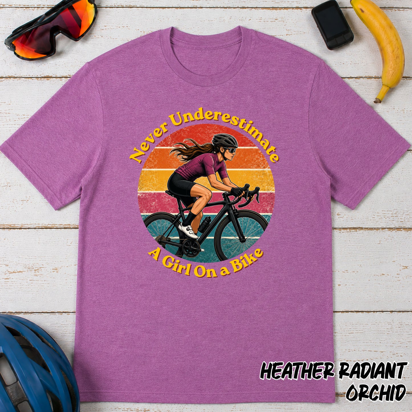 Never Underestimate A Girl On A Bike T-Shirt — Retro Cycling Tee for Women & Girls