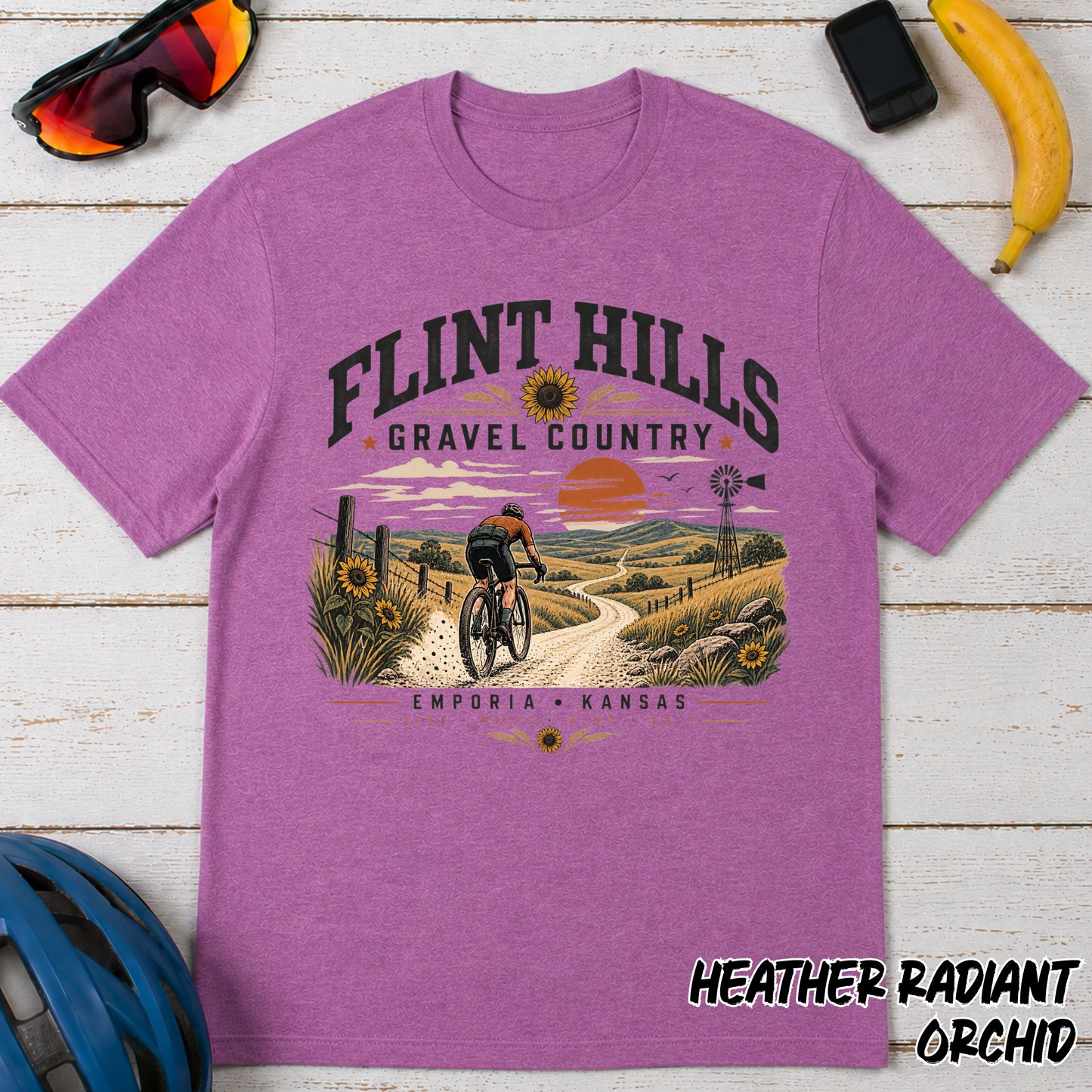 Flint Hills Gravel Country T-Shirt — Scenic Cycling Sunset Tee