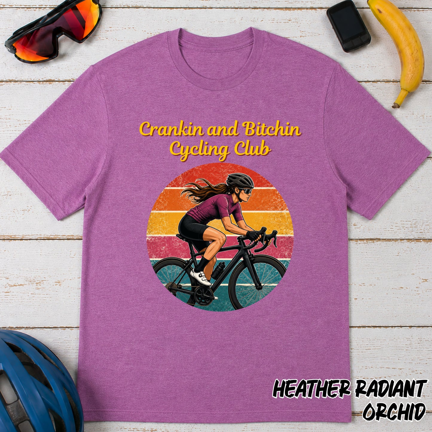Crankin and Bitchin Cycling Club T-Shirt — Retro Female Cyclist Graphic Tee