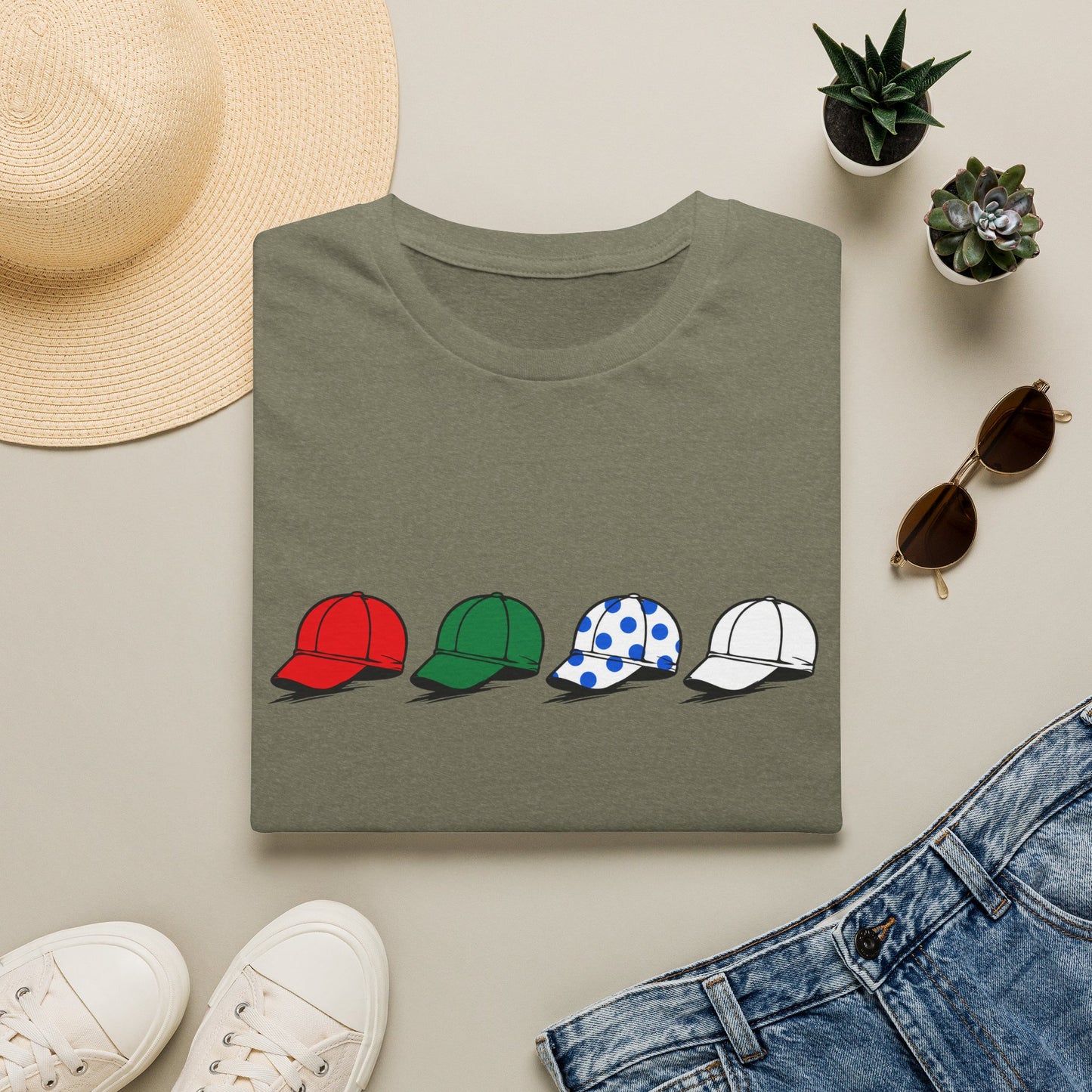 La Vuelta Leaders Jersey Caps T‑Shirt — Red Green Polka Dot White Hat Graphic Tee
