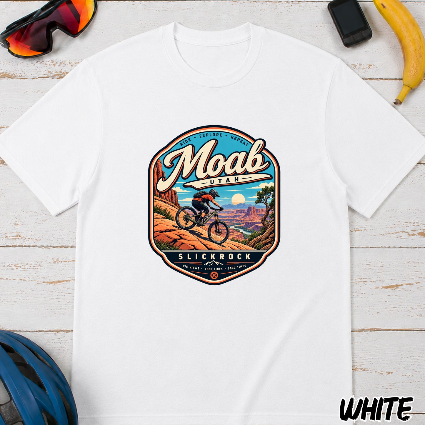 Moab Utah Mountain Biking T-Shirt — Retro Desert MTB Adventure Tee