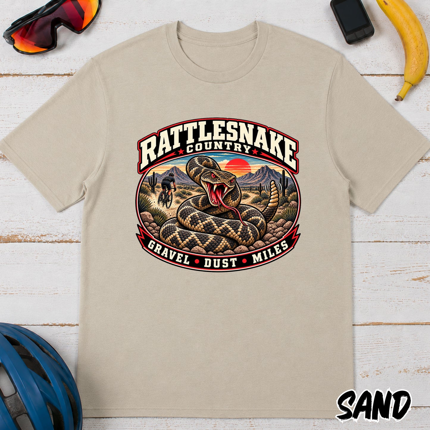 Rattlesnake Country Graphic Gravel Cycling T-Shirt — Desert Snake 'Gravel Dust Miles' Tee