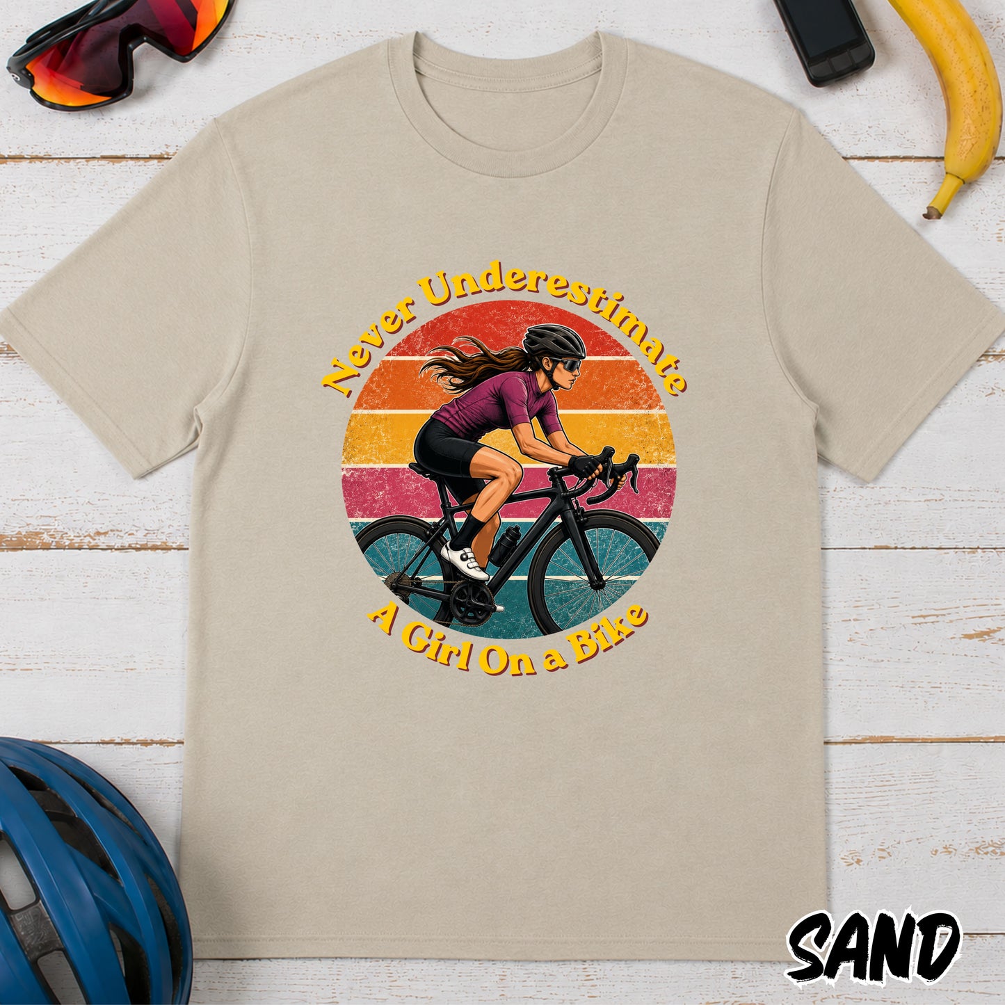 Never Underestimate A Girl On A Bike T-Shirt — Retro Cycling Tee for Women & Girls