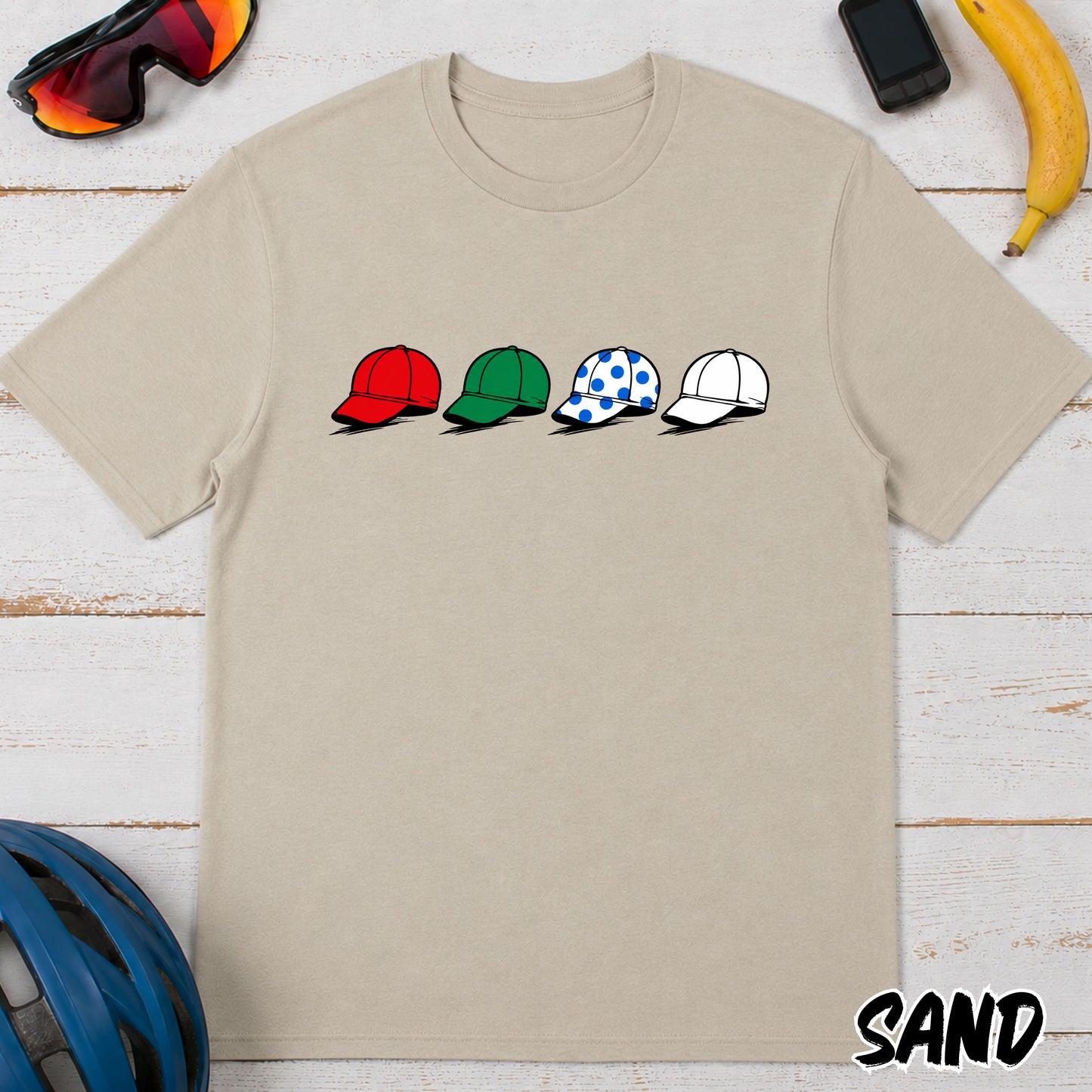 La Vuelta Leaders Jersey Caps T‑Shirt — Red Green Polka Dot White Hat Graphic Tee