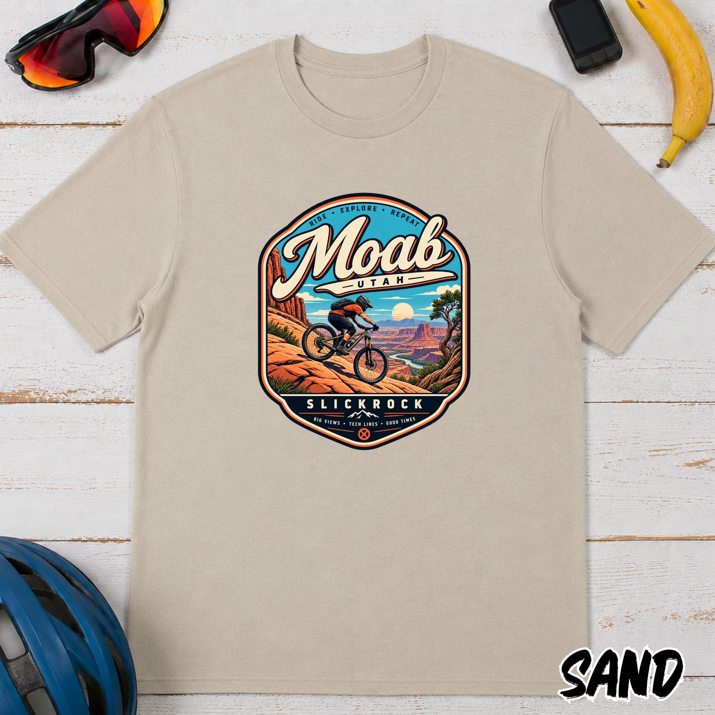 Moab Utah Mountain Biking T-Shirt — Retro Desert MTB Adventure Tee