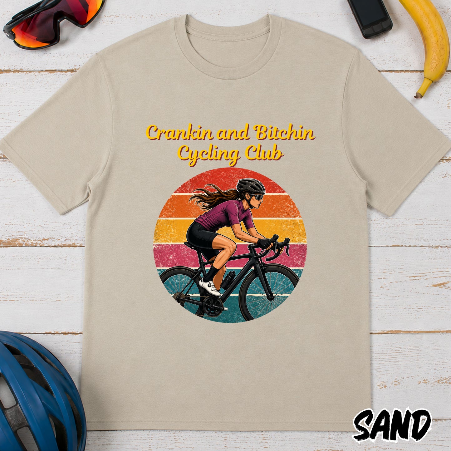 Crankin and Bitchin Cycling Club T-Shirt — Retro Female Cyclist Graphic Tee