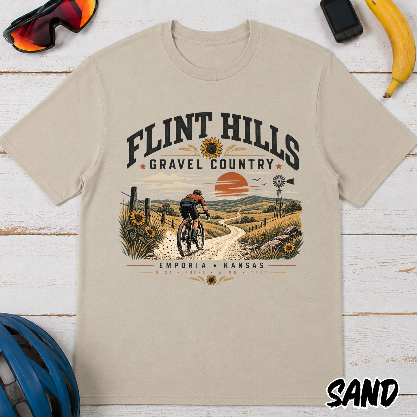 Flint Hills Gravel Country T-Shirt — Scenic Cycling Sunset Tee