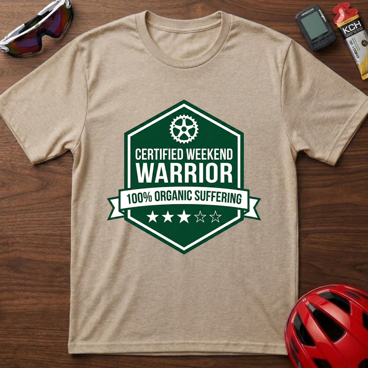 Weekend Warrior Cycling T-Shirt — “Certified Weekend Warrior: 100% Organic Suffering” Badge Tee