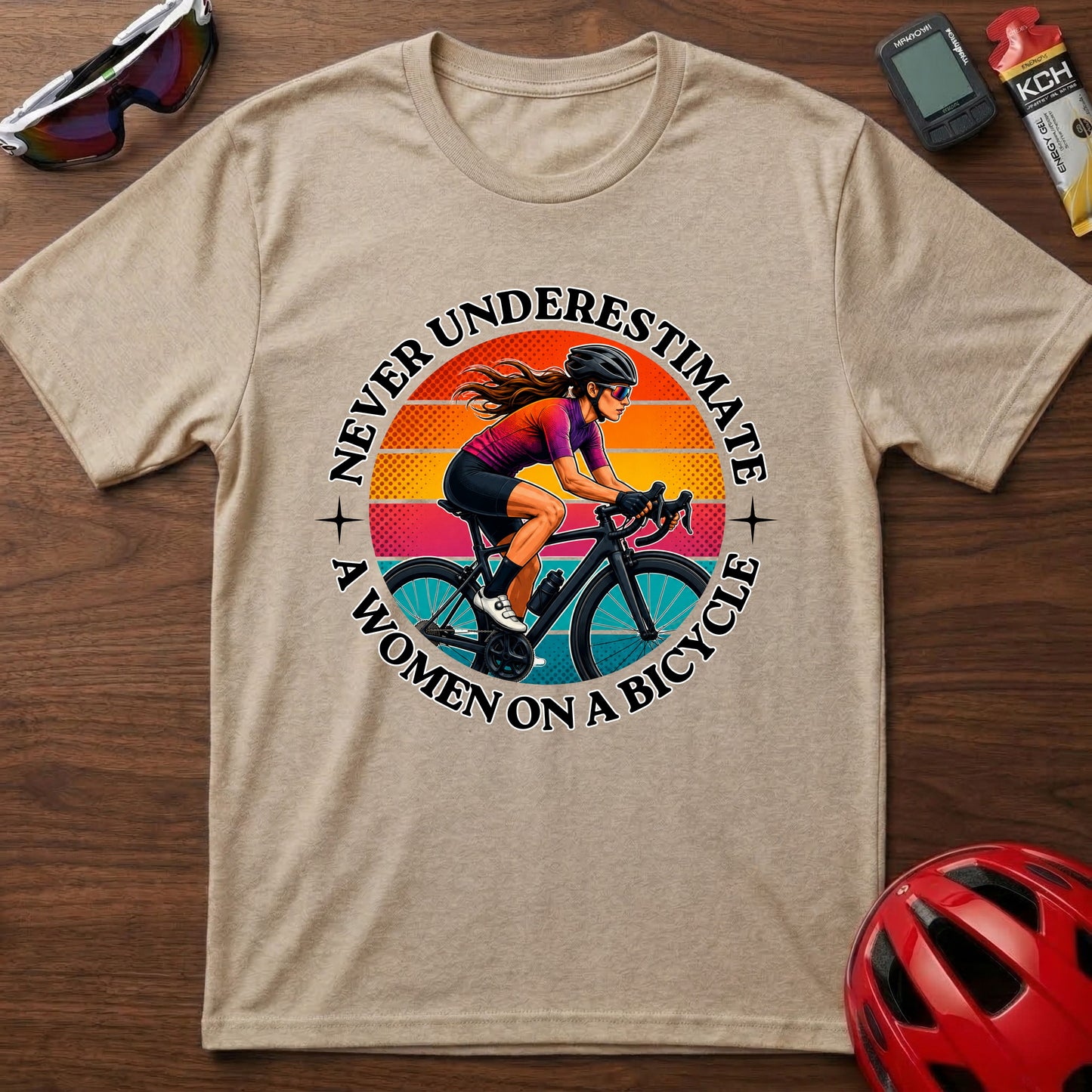 Never Underestimate A Woman On A Bicycle T-Shirt — Retro Cycling Tee for Women