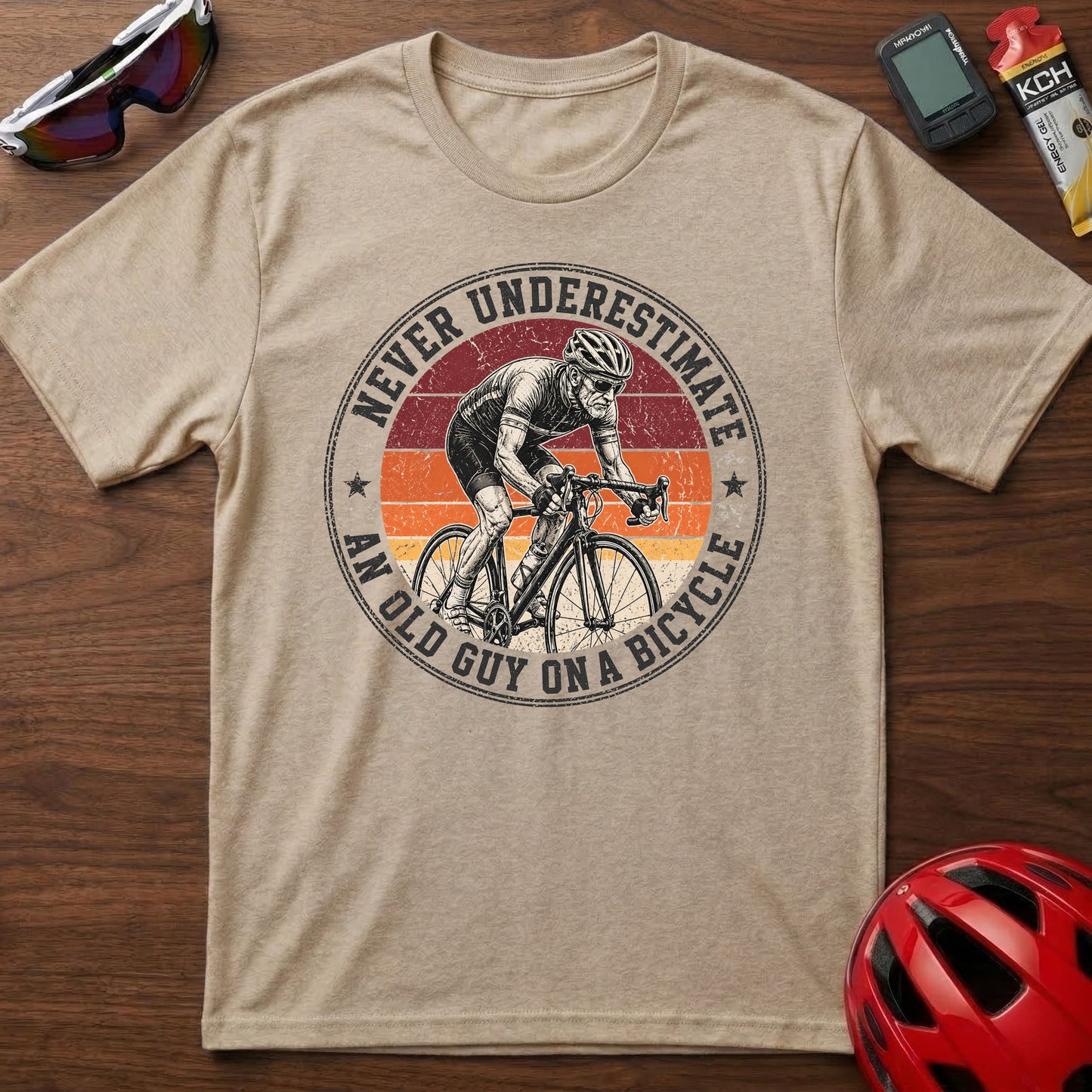 Cycling T-Shirt — "Never Underestimate An Old Guy On A Bicycle" Vintage Retro Tee