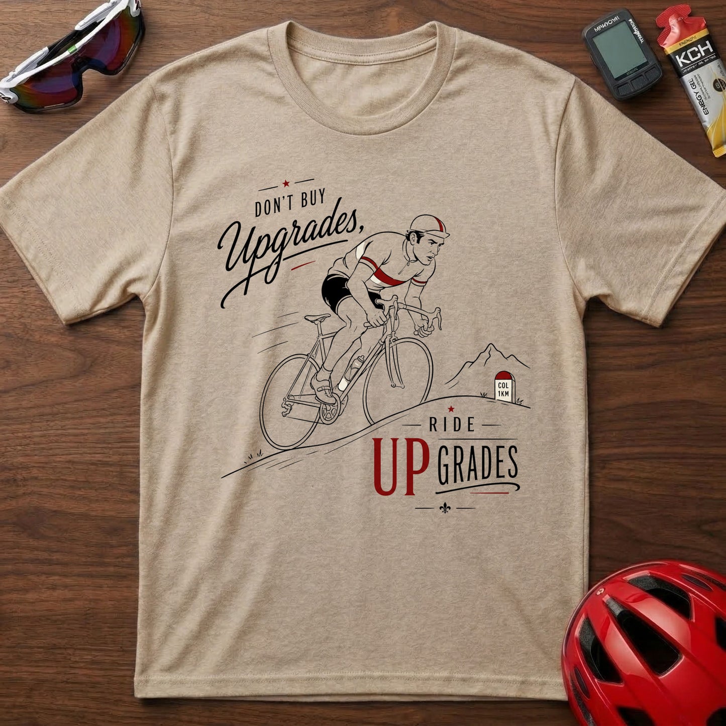 Cycling T‑Shirt — Eddie Merckx “Don’t Buy Upgrades, Ride Upgrades” Retro Bike Tee