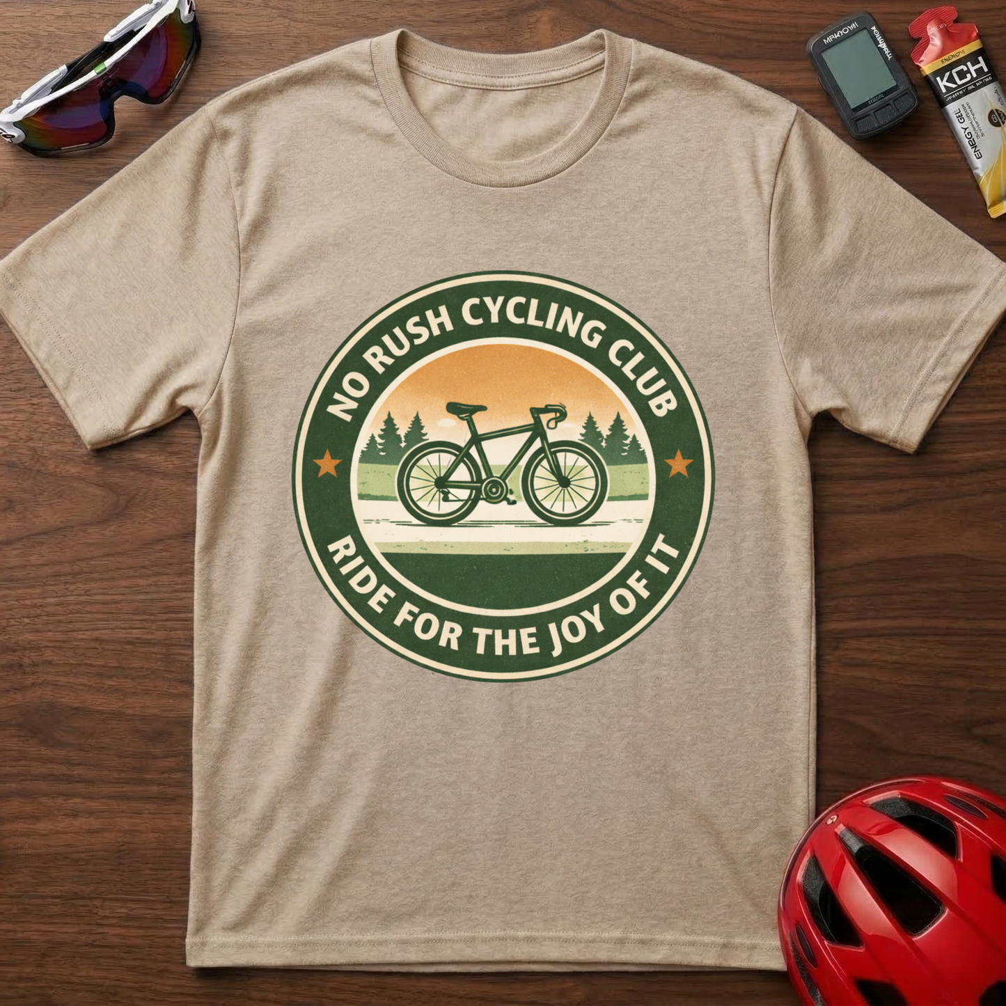 Cycling T-Shirt — “No Rush Cycling Club: Ride for the Joy of It” Vintage Bike Tee