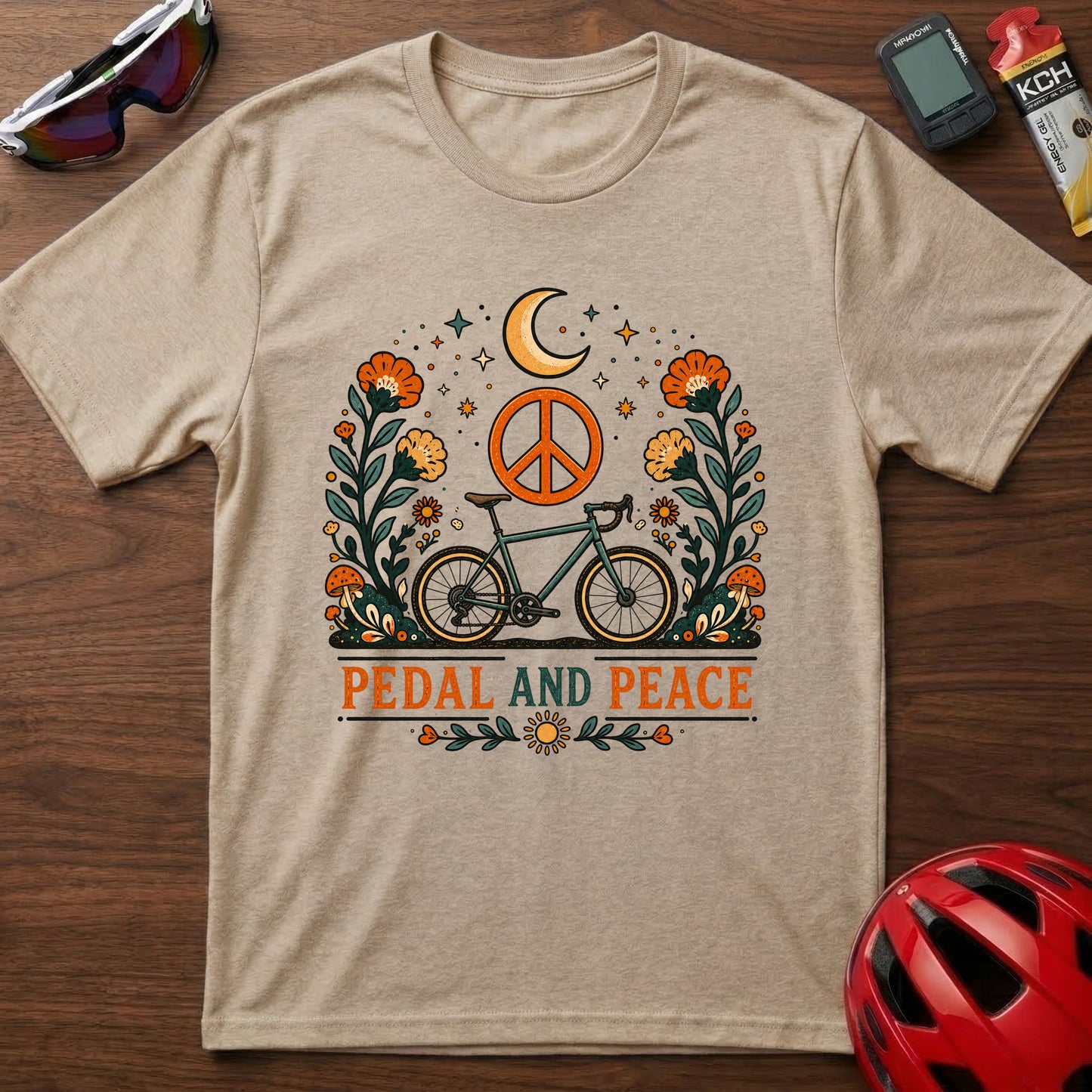 Pedal and Peace Cycling T‑Shirt — Moon, Flowers & Peace Sign Cycling Tee