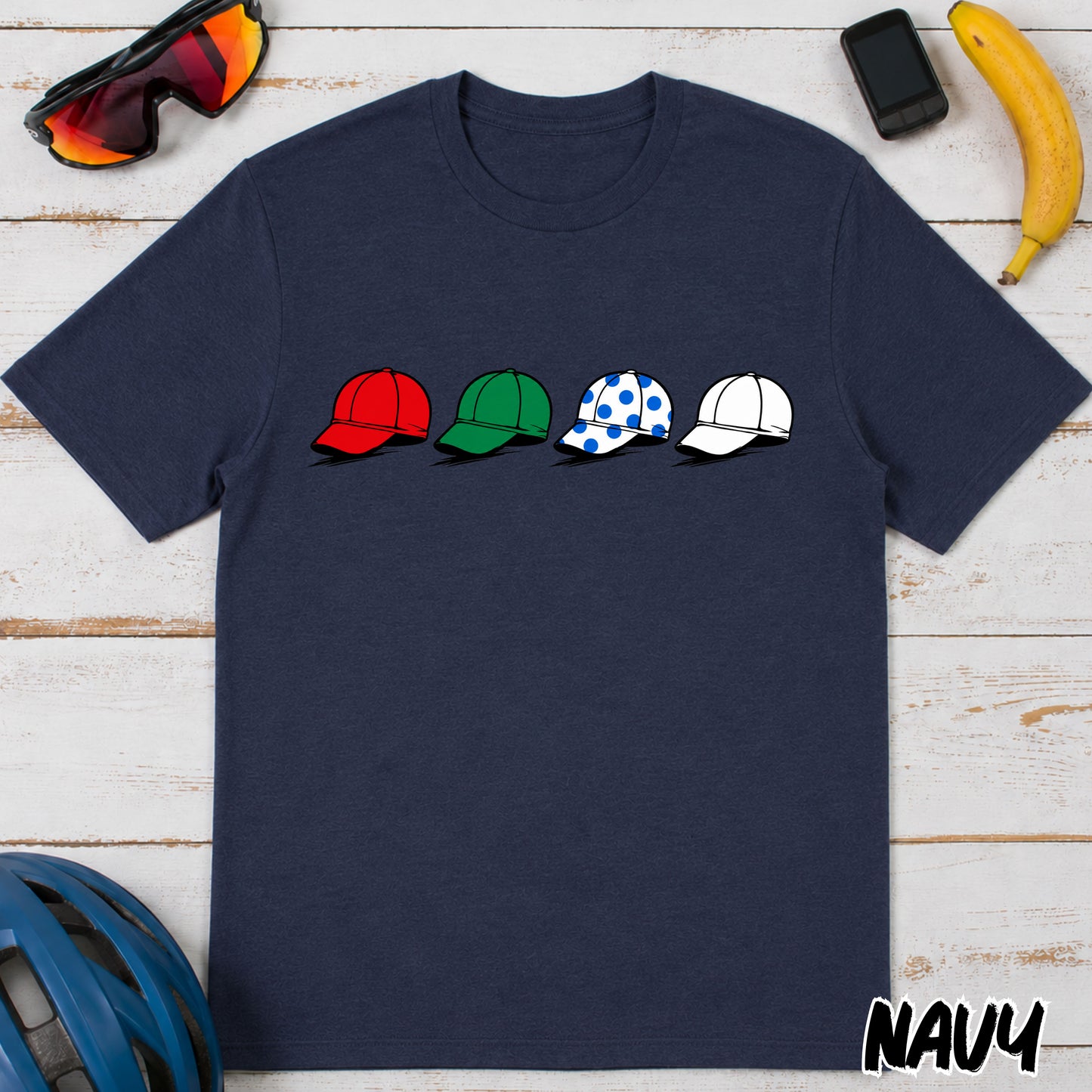 La Vuelta Leaders Jersey Caps T‑Shirt — Red Green Polka Dot White Hat Graphic Tee