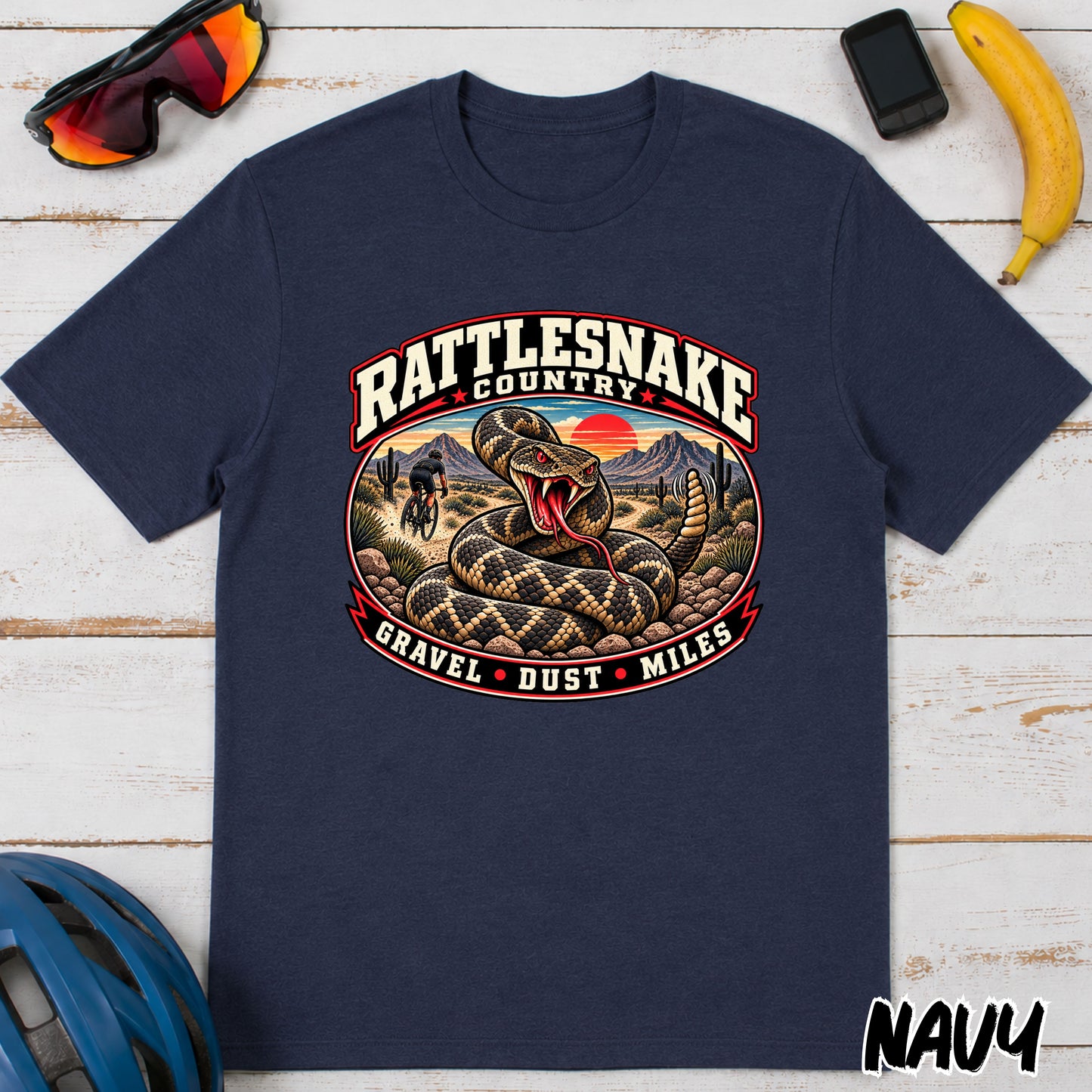 Rattlesnake Country Graphic Gravel Cycling T-Shirt — Desert Snake 'Gravel Dust Miles' Tee