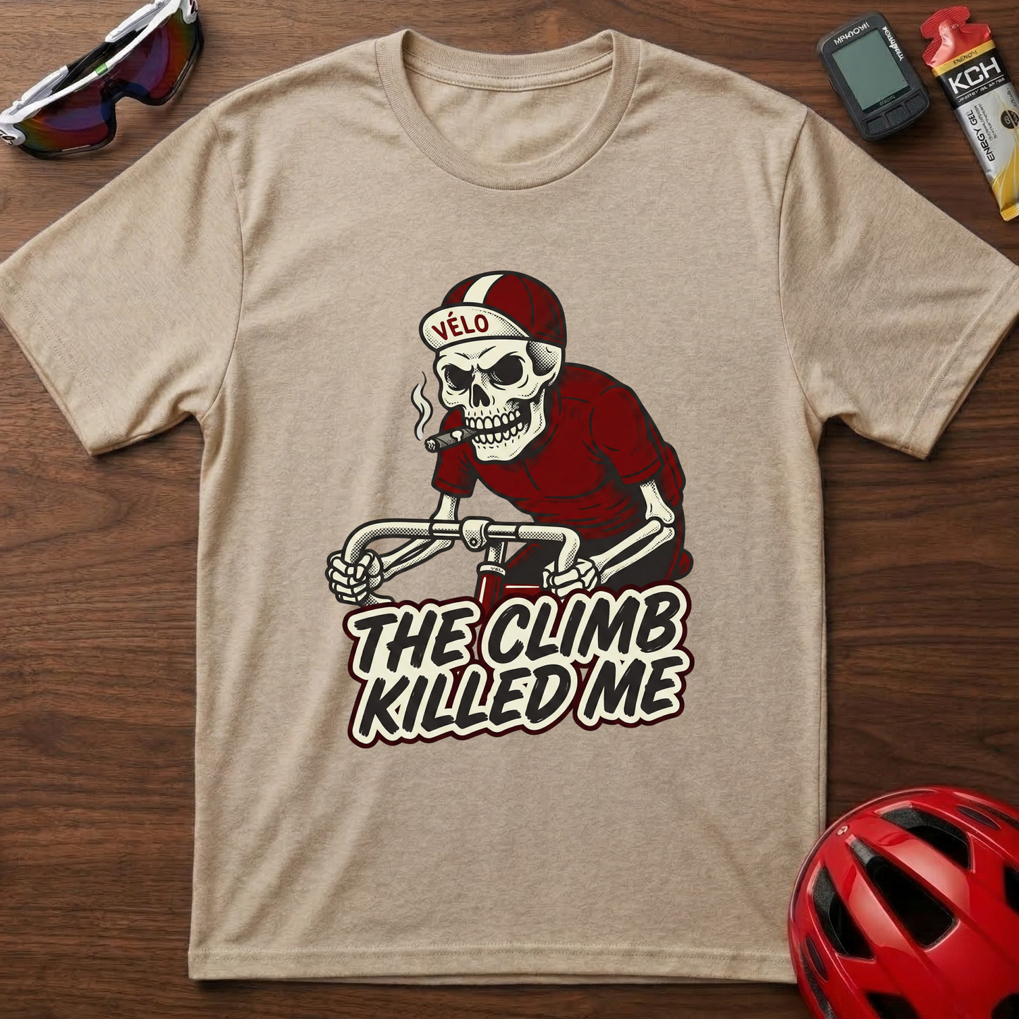 Cycling T-Shirt — 'The Climb Killed Me' Skull Biker Tee
