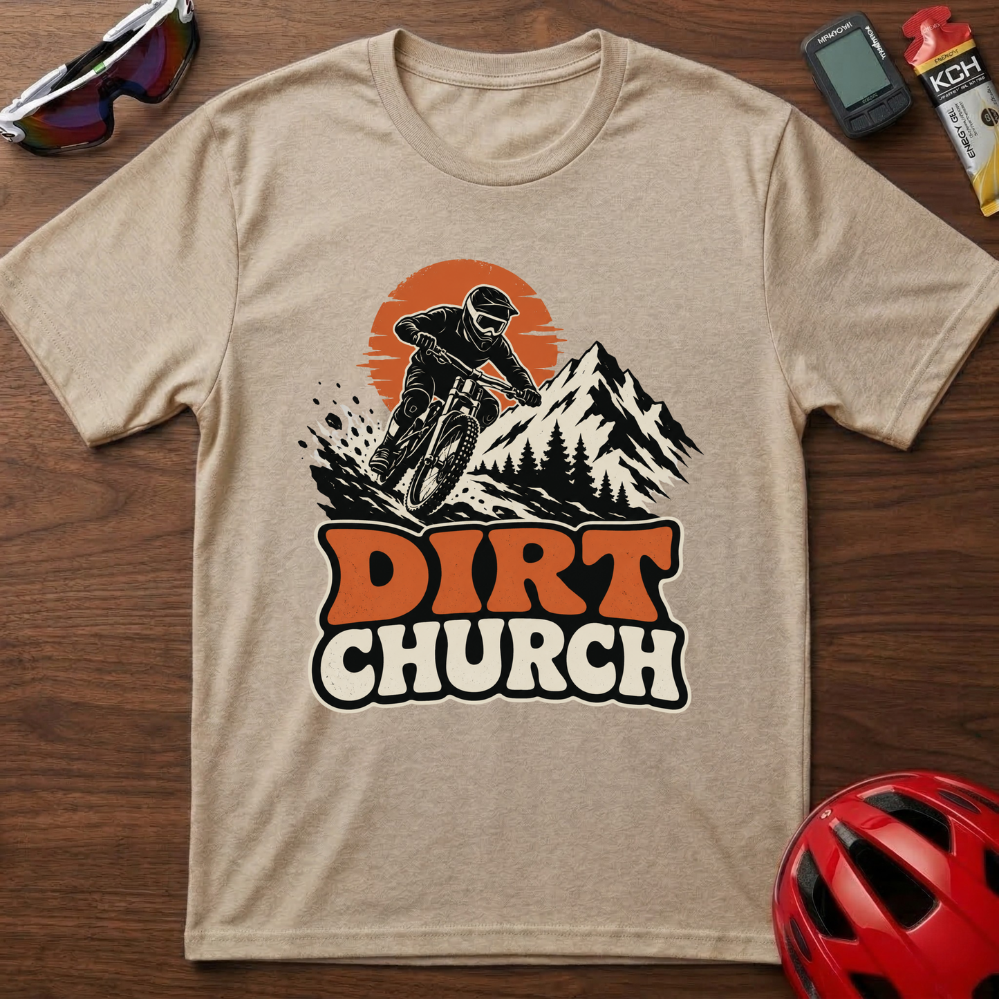 Dirt Church Mountain Biking T-Shirt — Retro Sunset MTB Tee