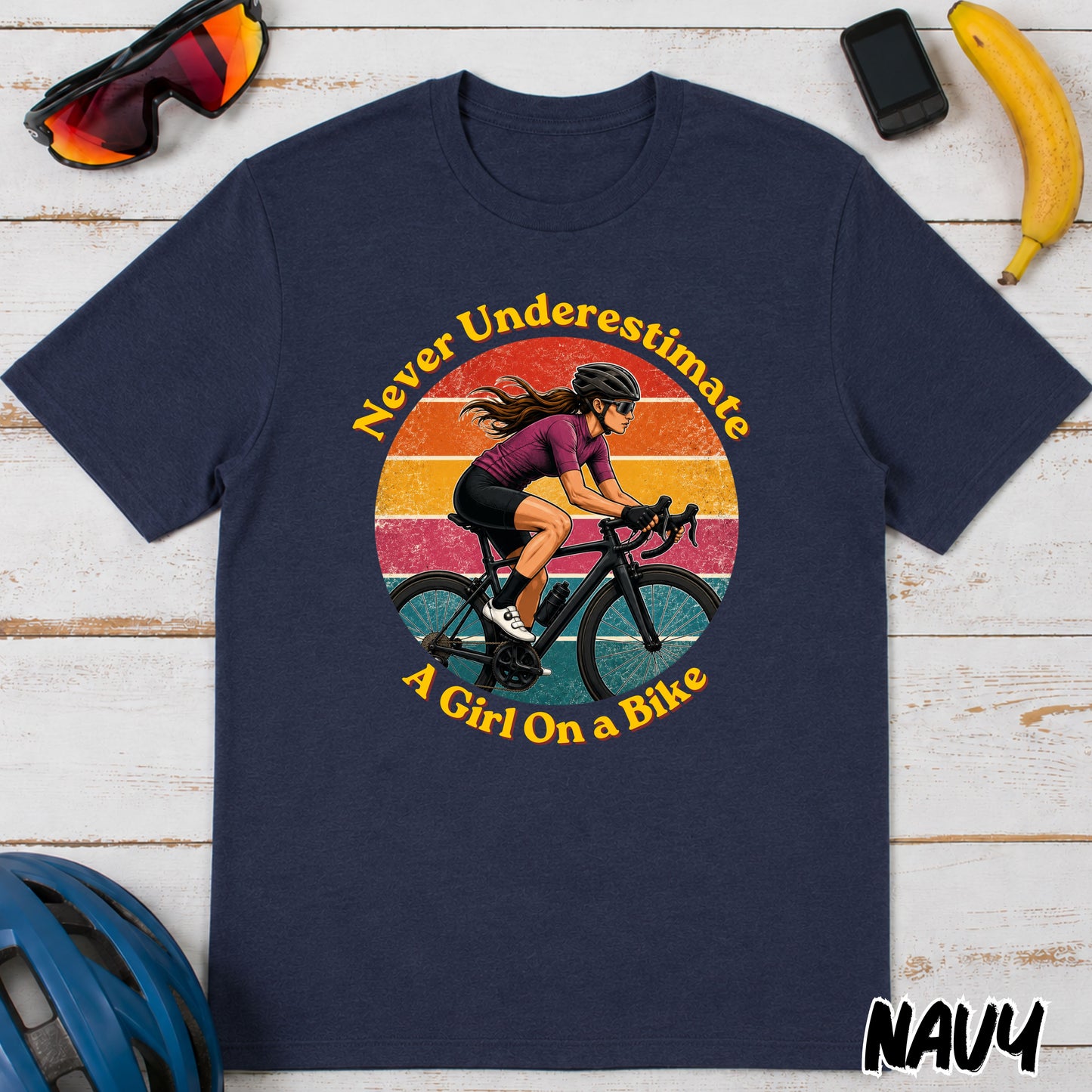 Never Underestimate A Girl On A Bike T-Shirt — Retro Cycling Tee for Women & Girls
