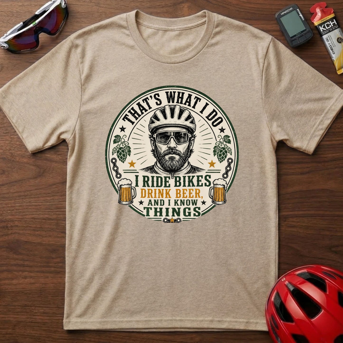 Cycling T-Shirt — “That’s What I Do, I Ride Bikes, Drink Beer, And I Know Things” Retro Cycling Tee