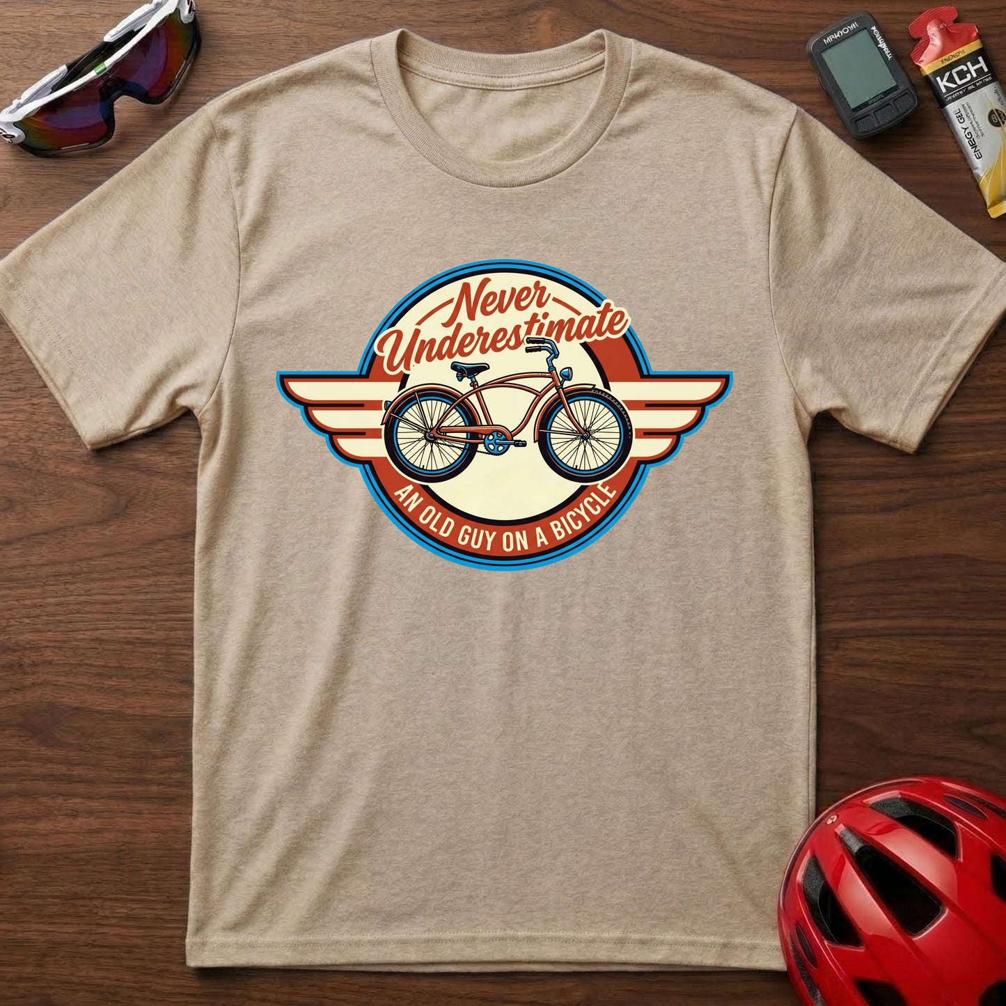 Cycling T-Shirt — "Never Underestimate a Man on a Bicycle" Retro Bike Graphic