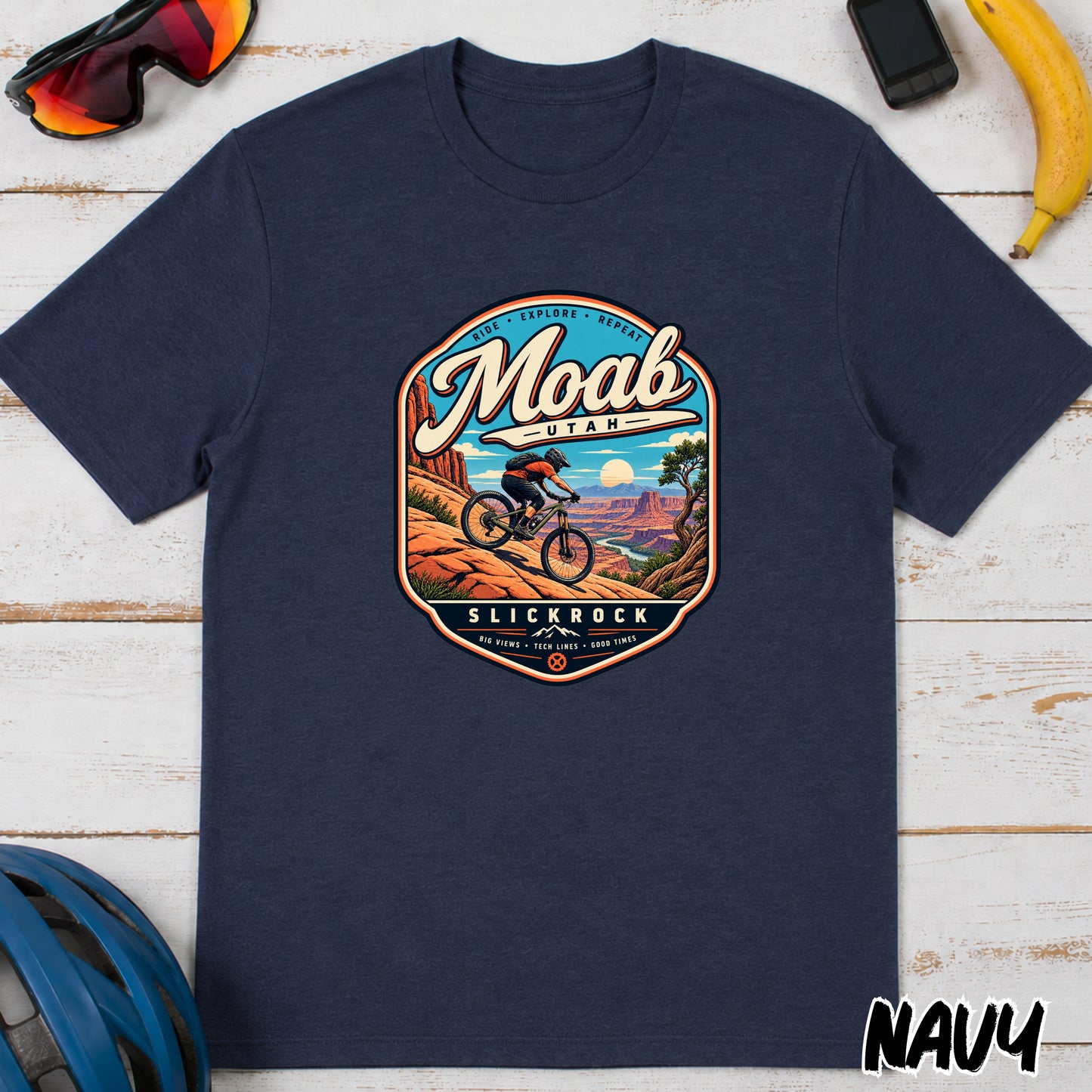 Moab Utah Mountain Biking T-Shirt — Retro Desert MTB Adventure Tee