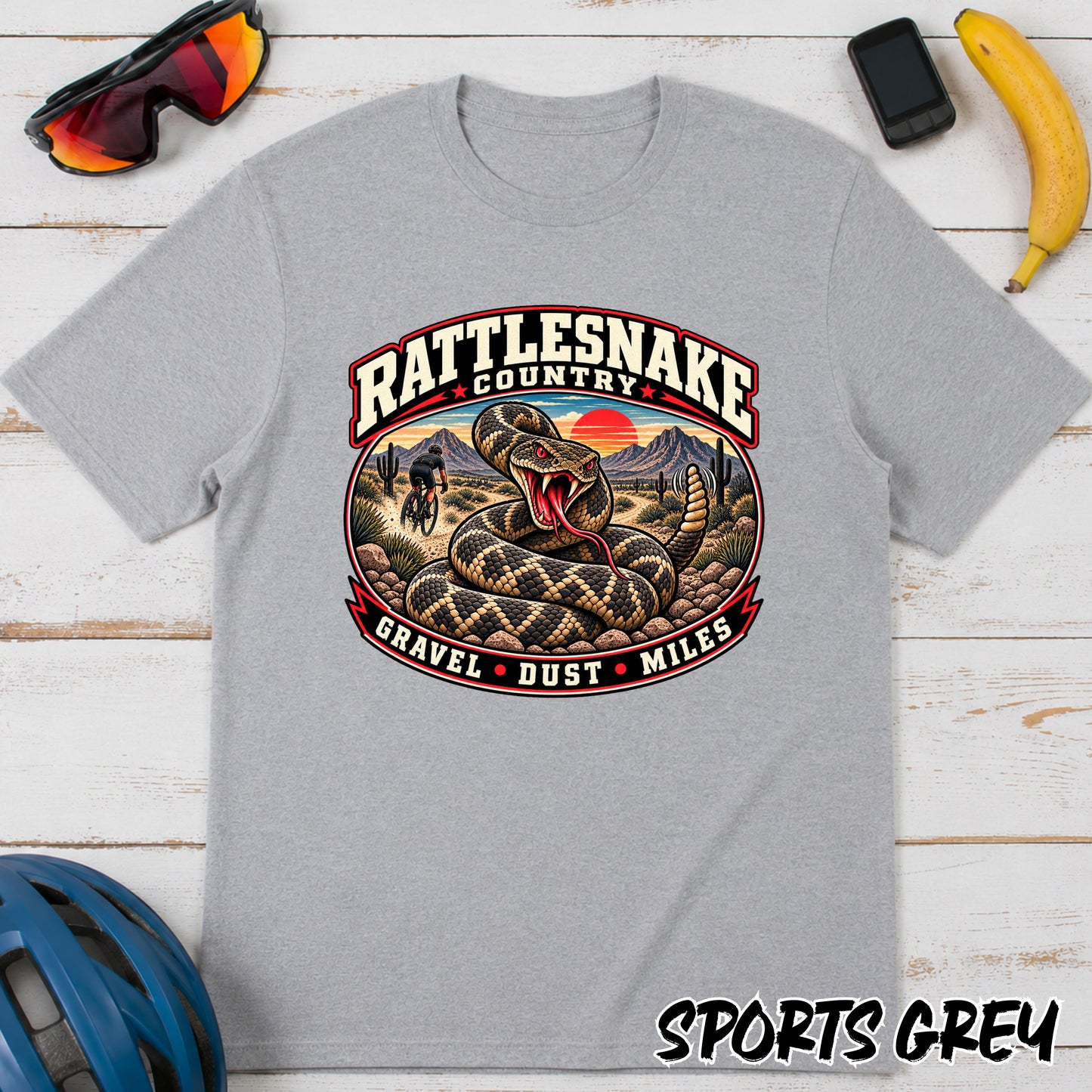 Rattlesnake Country Graphic Gravel Cycling T-Shirt — Desert Snake 'Gravel Dust Miles' Tee
