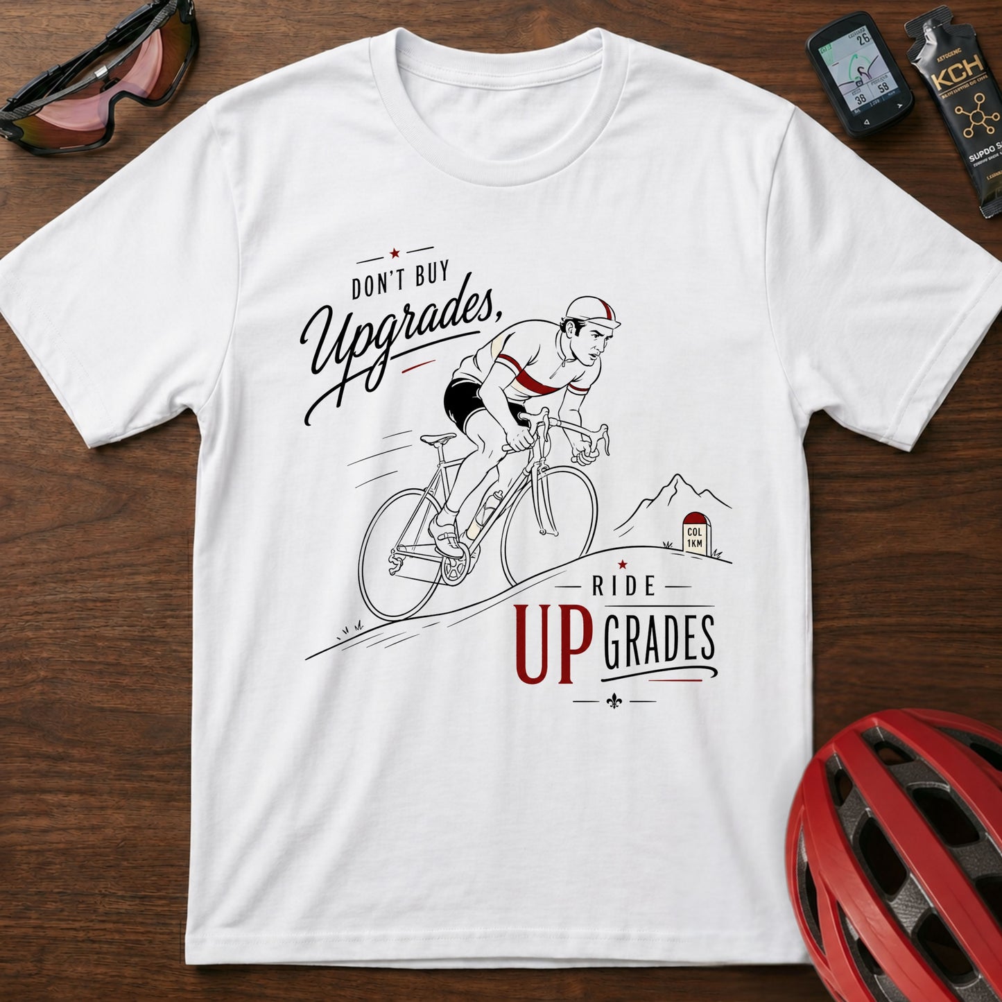 Cycling T‑Shirt — Eddie Merckx “Don’t Buy Upgrades, Ride Upgrades” Retro Bike Tee