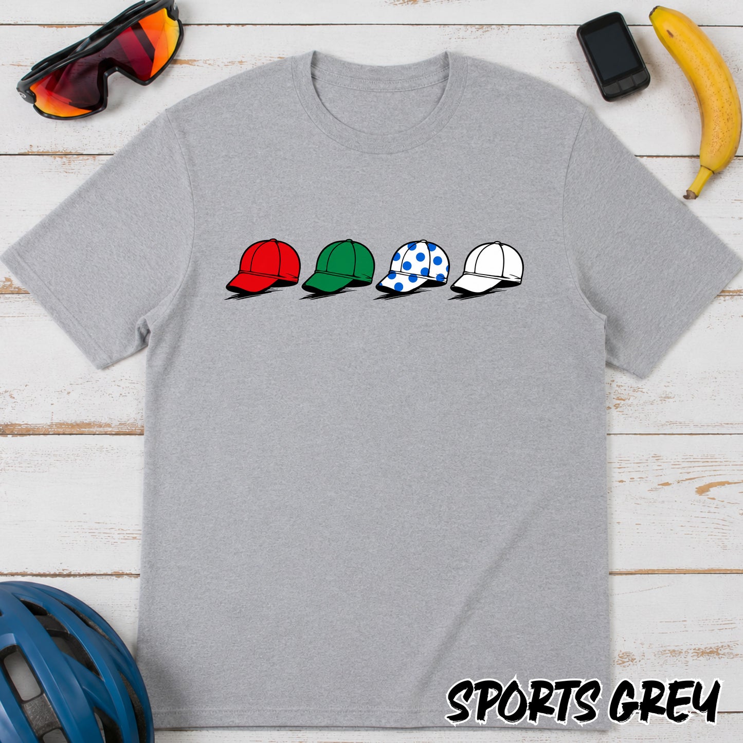 La Vuelta Leaders Jersey Caps T‑Shirt — Red Green Polka Dot White Hat Graphic Tee