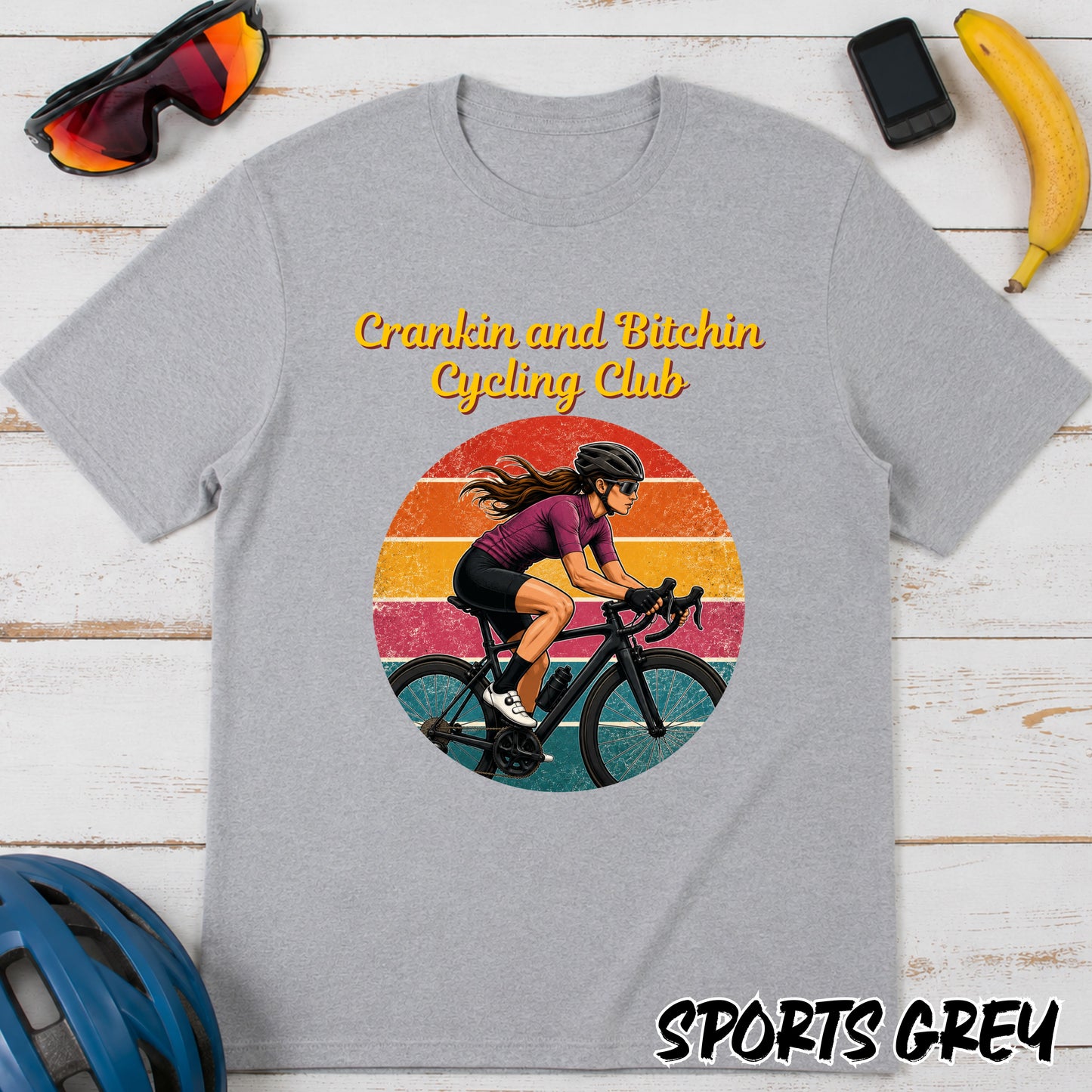 Crankin and Bitchin Cycling Club T-Shirt — Retro Female Cyclist Graphic Tee