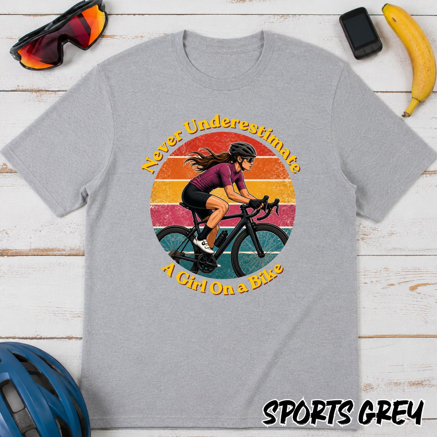 Never Underestimate A Girl On A Bike T-Shirt — Retro Cycling Tee for Women & Girls