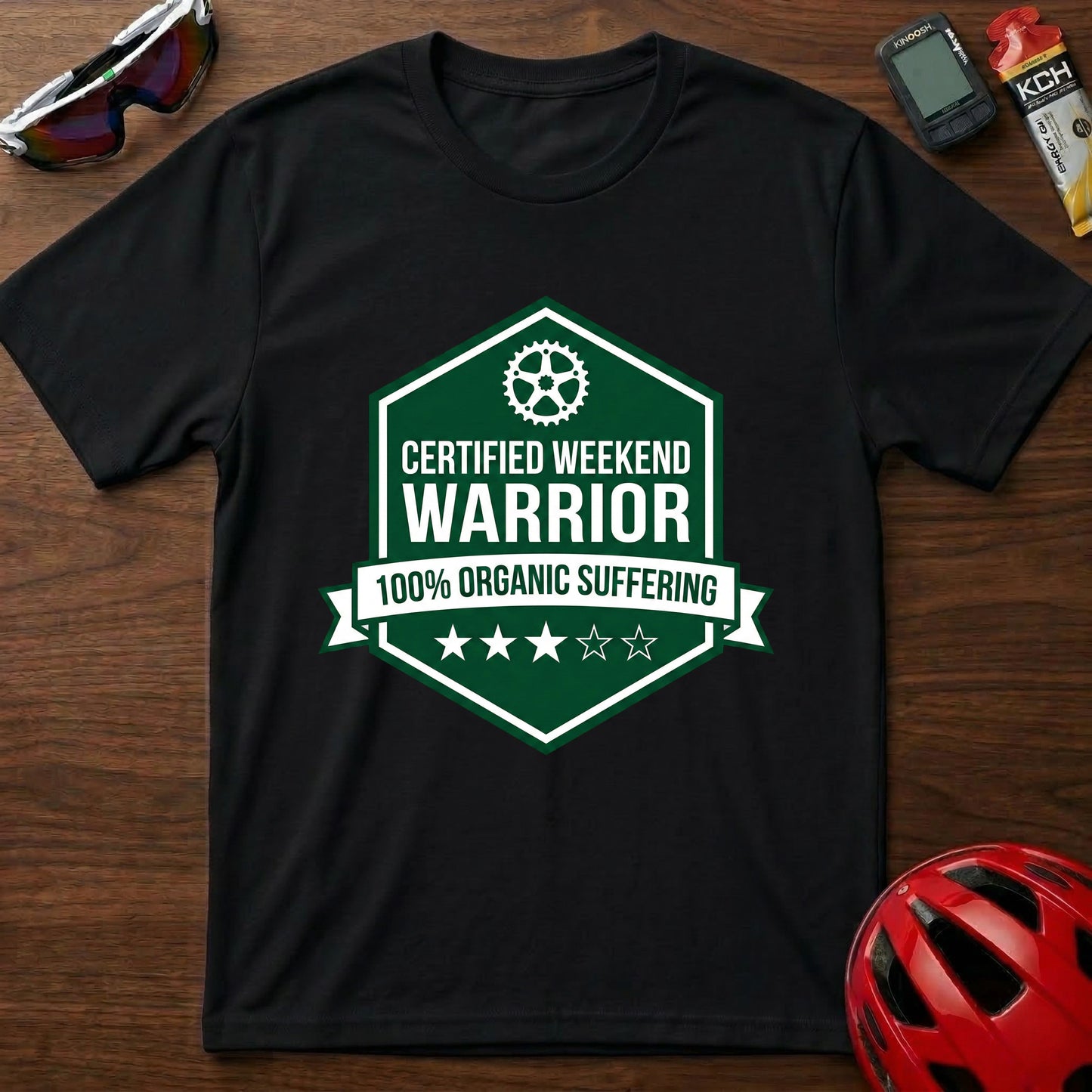 Weekend Warrior Cycling T-Shirt — “Certified Weekend Warrior: 100% Organic Suffering” Badge Tee