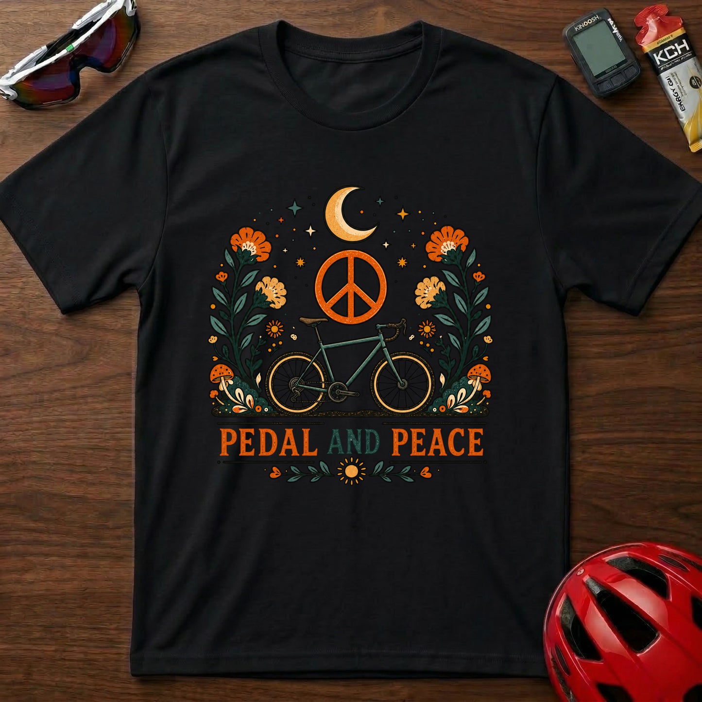 Pedal and Peace Cycling T‑Shirt — Moon, Flowers & Peace Sign Cycling Tee