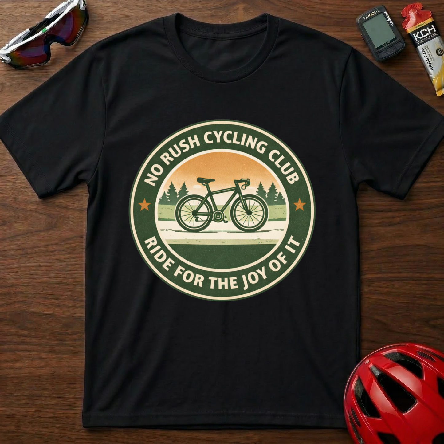 Cycling T-Shirt — “No Rush Cycling Club: Ride for the Joy of It” Vintage Bike Tee
