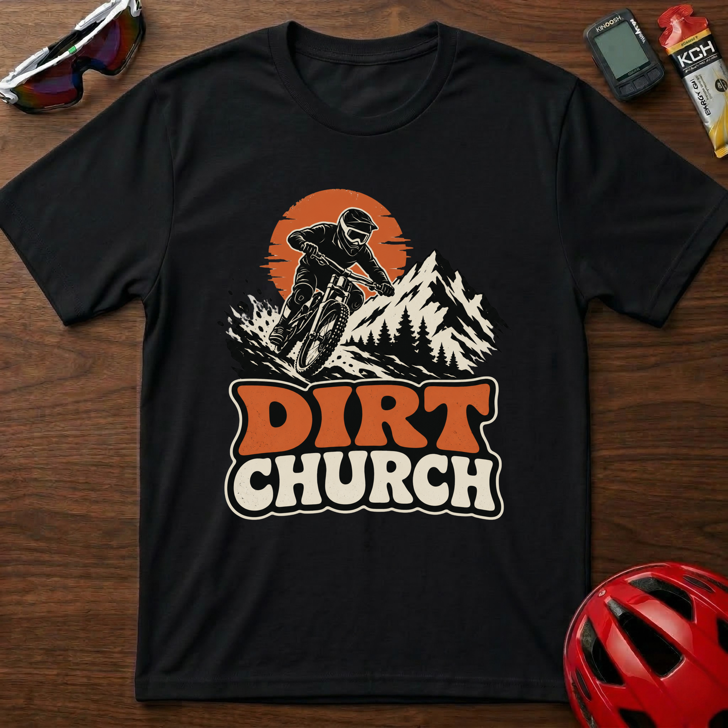 Dirt Church Mountain Biking T-Shirt — Retro Sunset MTB Tee
