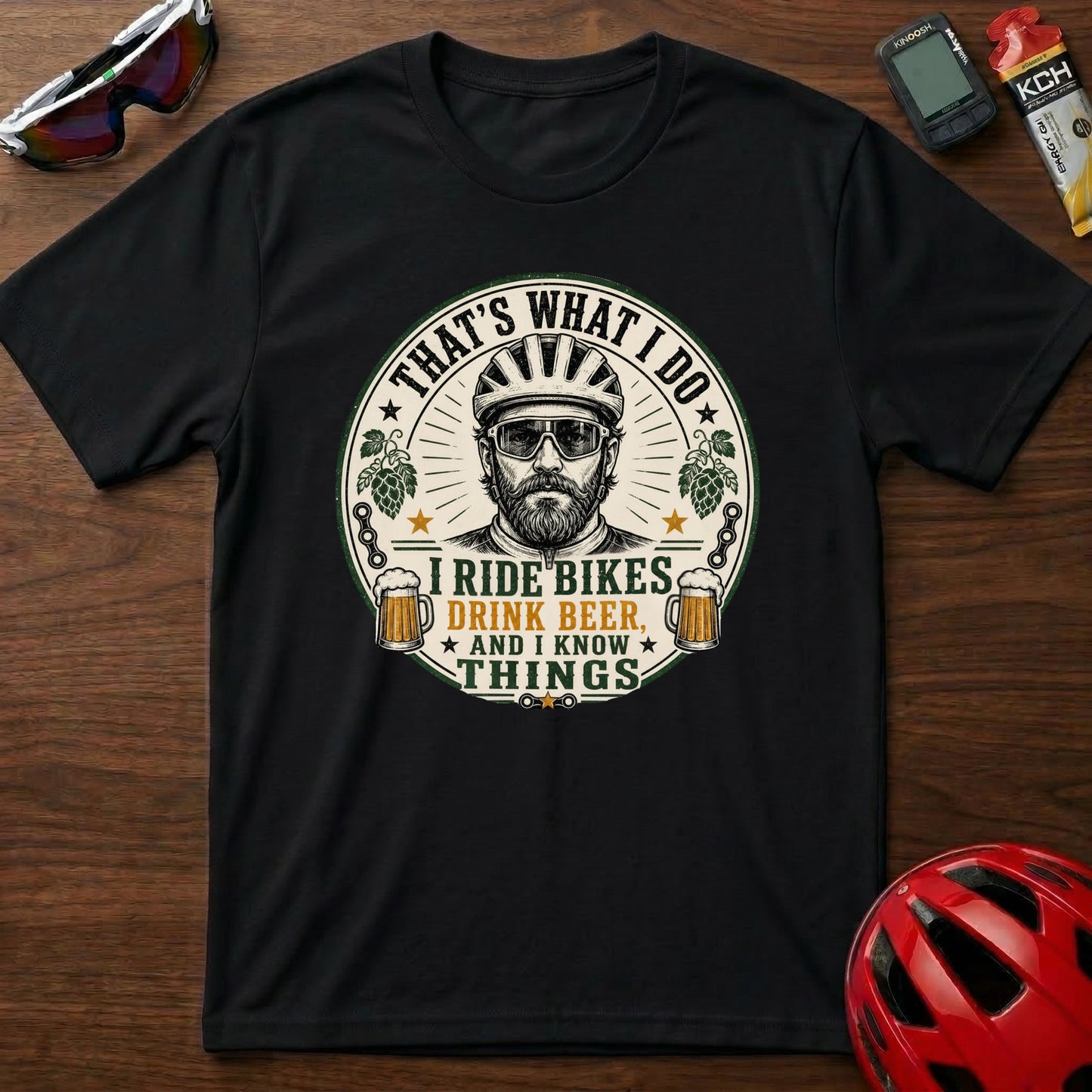 Cycling T-Shirt — “That’s What I Do, I Ride Bikes, Drink Beer, And I Know Things” Retro Cycling Tee