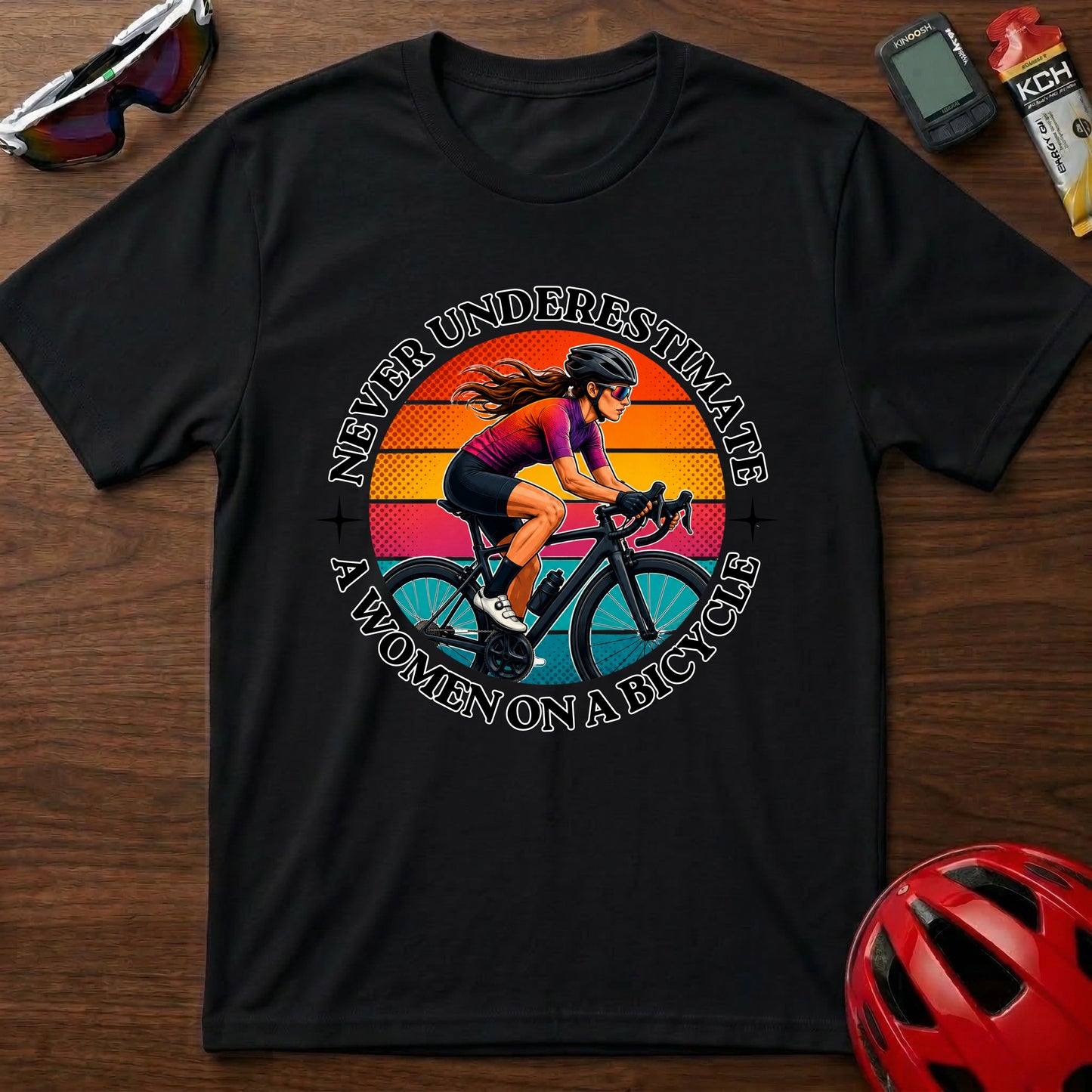 Never Underestimate A Woman On A Bicycle T-Shirt — Retro Cycling Tee for Women