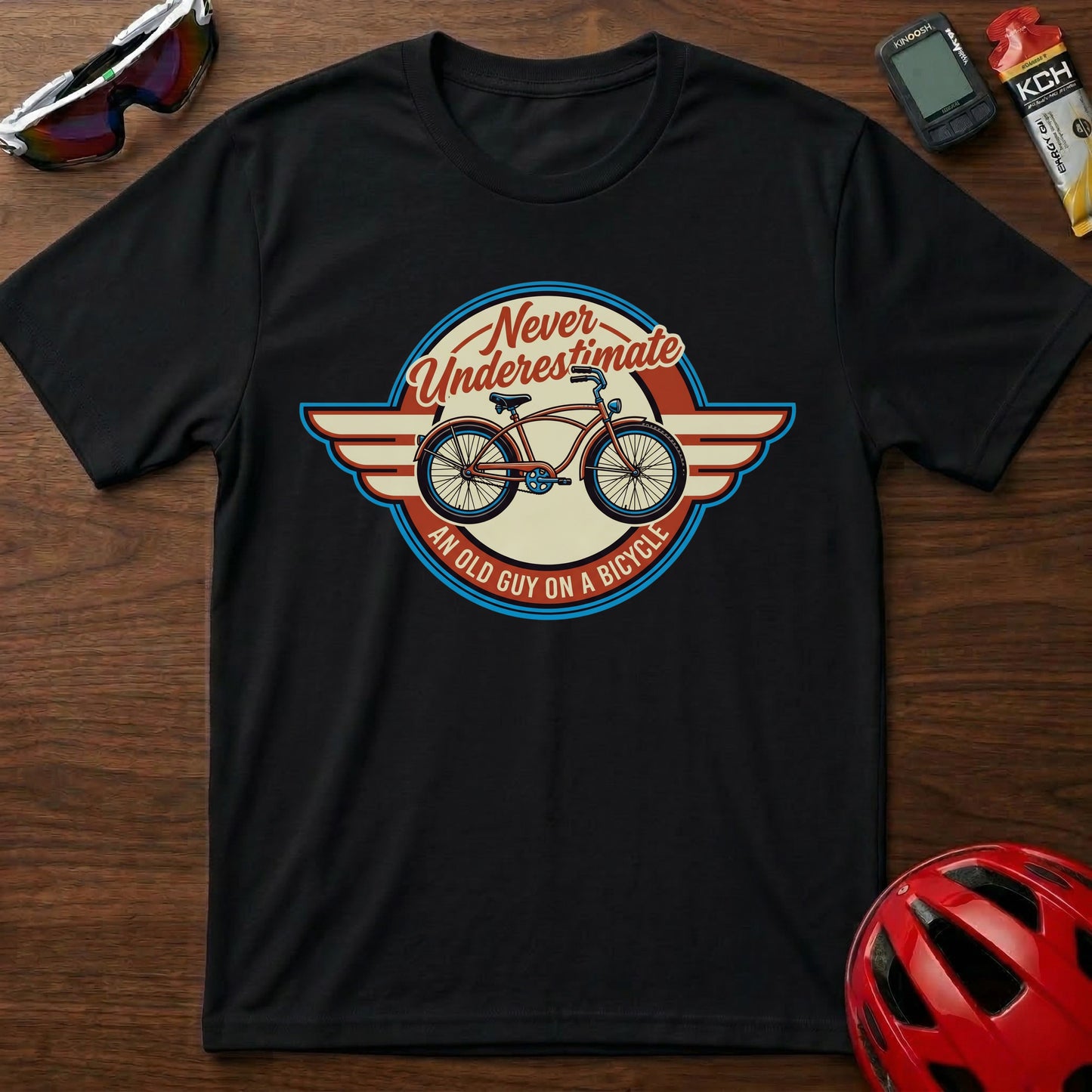 Cycling T-Shirt — "Never Underestimate a Man on a Bicycle" Retro Bike Graphic