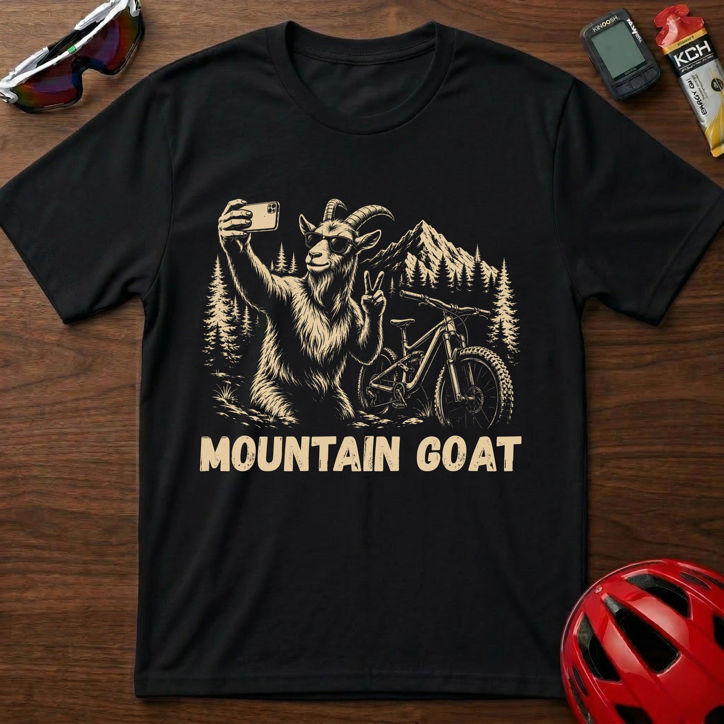 Mountain Goat Cycling T-Shirt — Funny Biking Selfie Tee for Outdoor and Trail Lovers