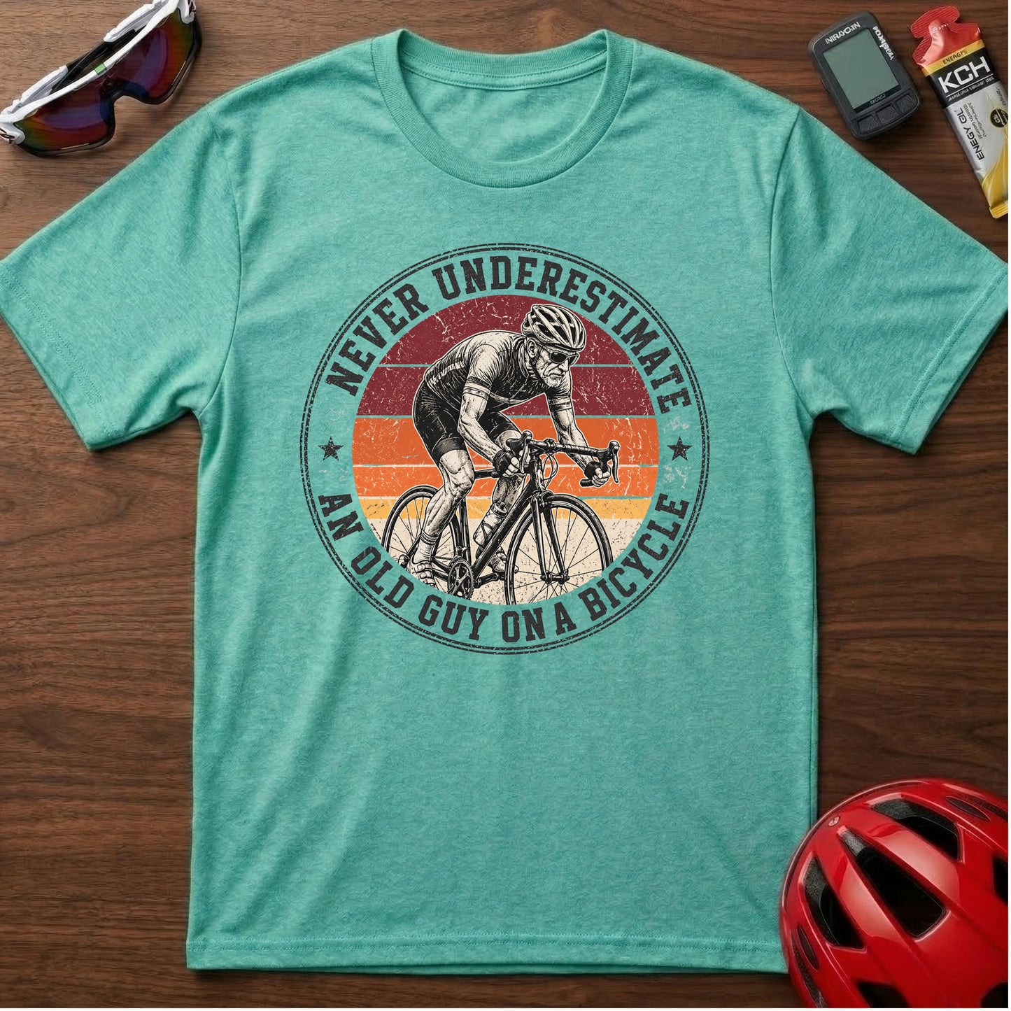Cycling T-Shirt — "Never Underestimate An Old Guy On A Bicycle" Vintage Retro Tee