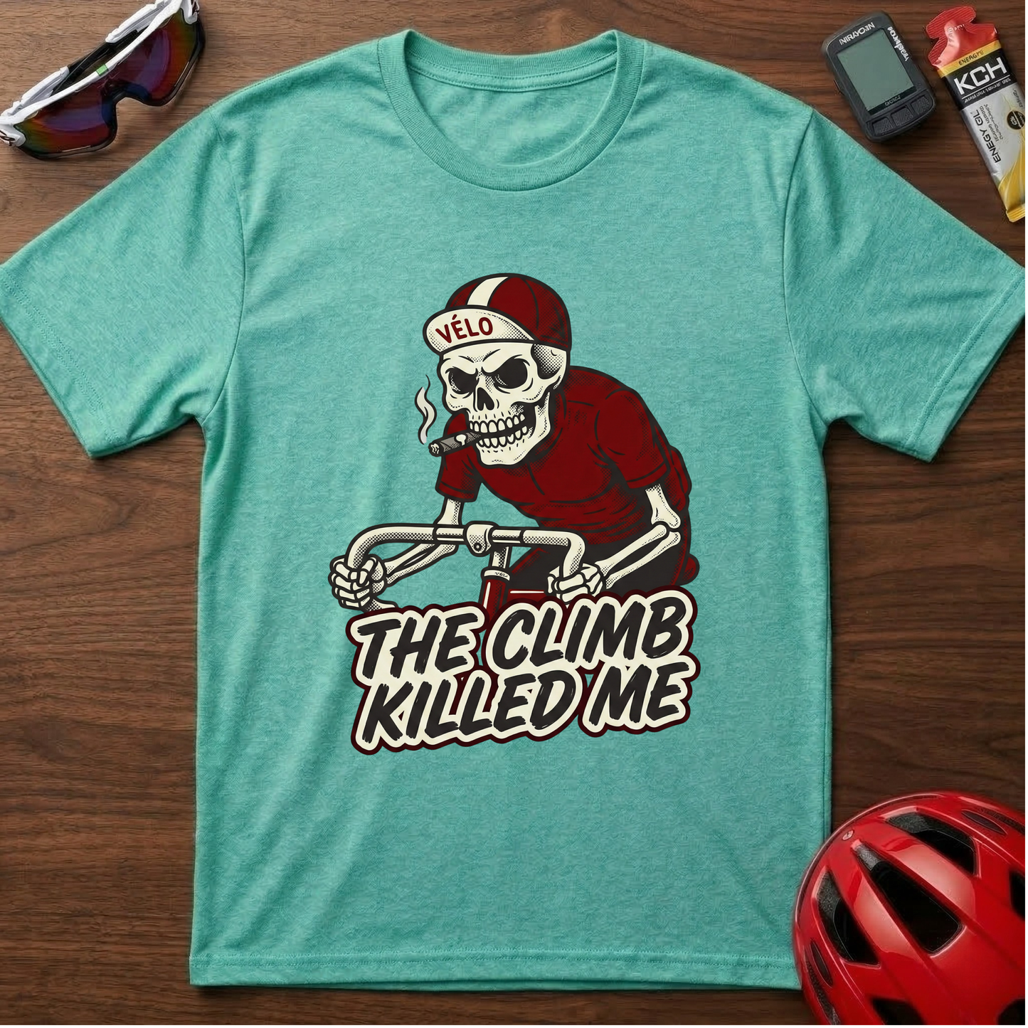 Cycling T-Shirt — 'The Climb Killed Me' Skull Biker Tee