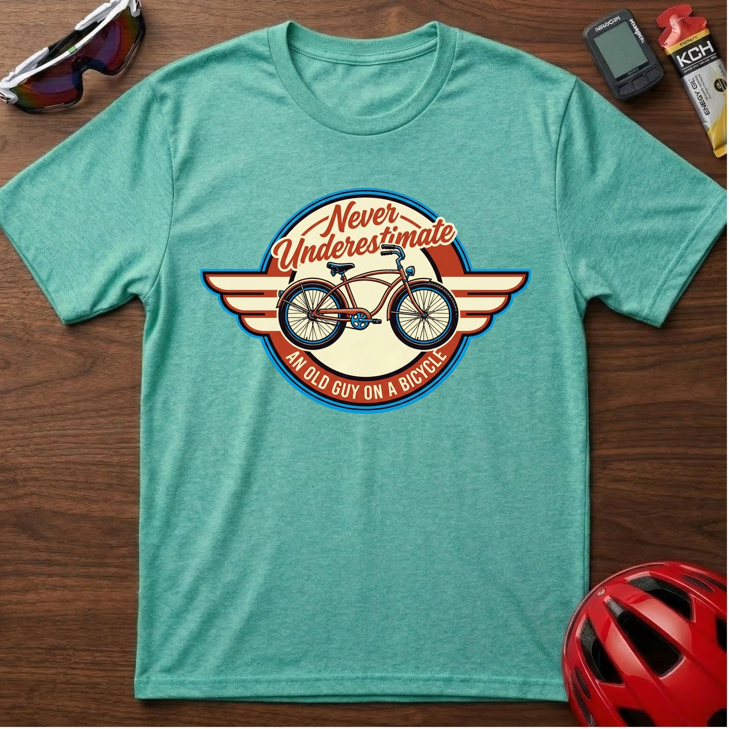 Cycling T-Shirt — "Never Underestimate a Man on a Bicycle" Retro Bike Graphic
