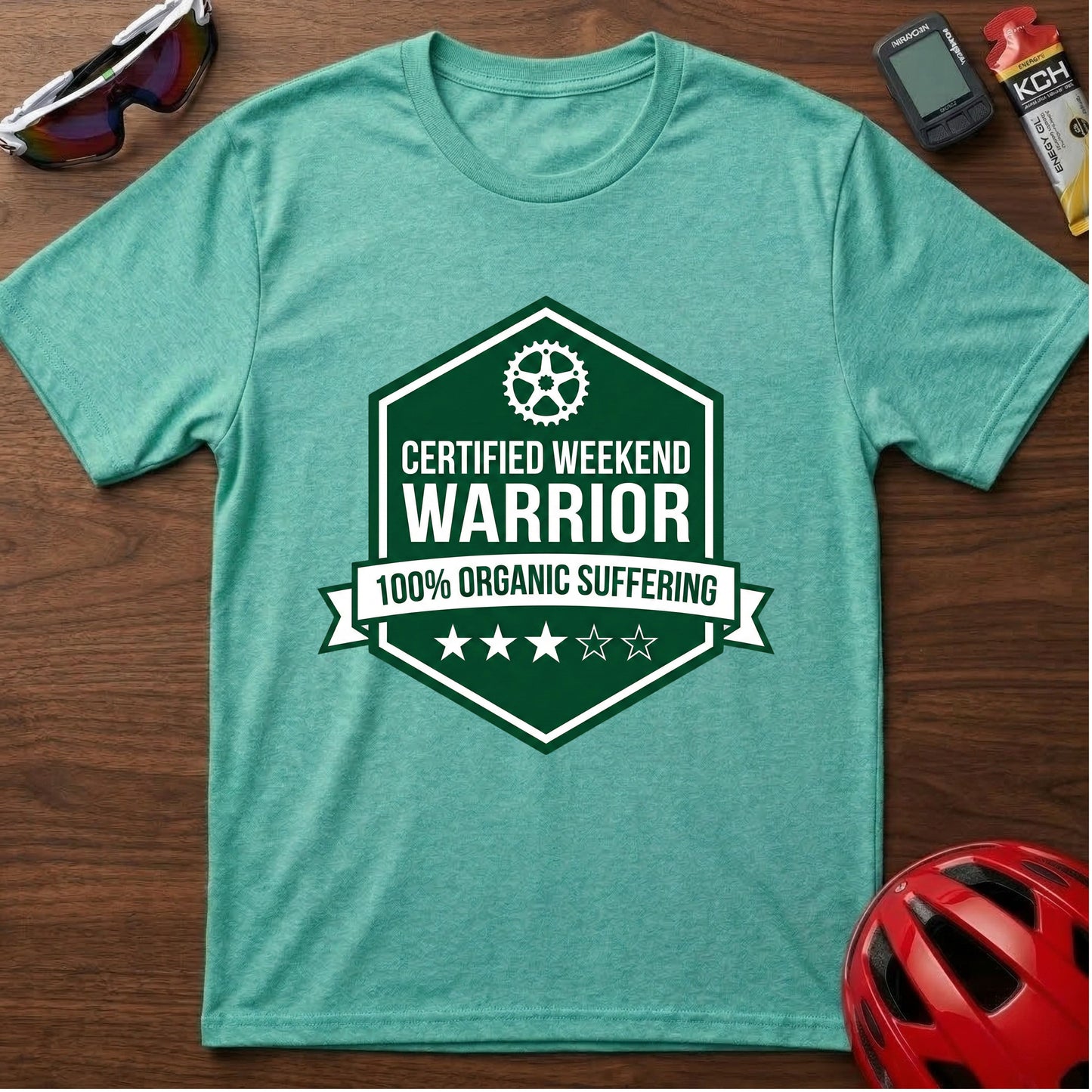 Weekend Warrior Cycling T-Shirt — “Certified Weekend Warrior: 100% Organic Suffering” Badge Tee