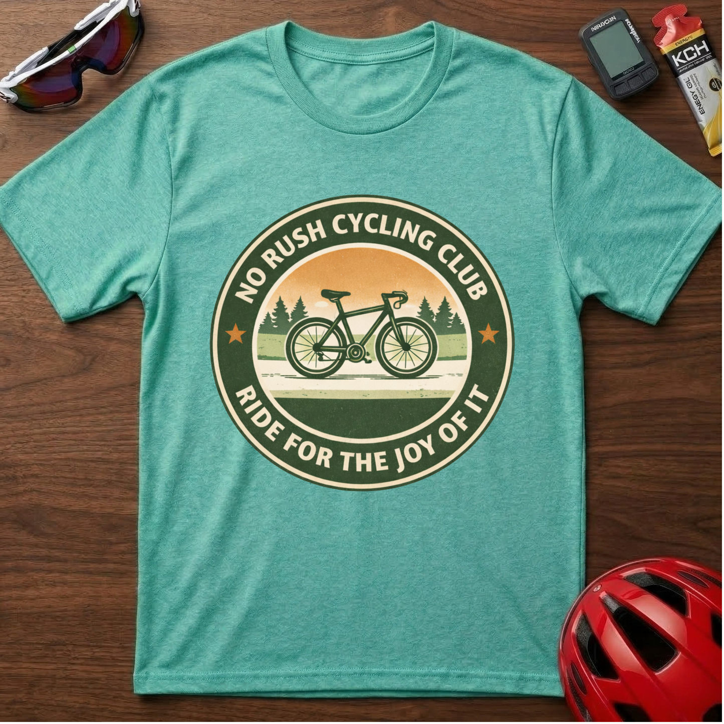 Cycling T-Shirt — “No Rush Cycling Club: Ride for the Joy of It” Vintage Bike Tee
