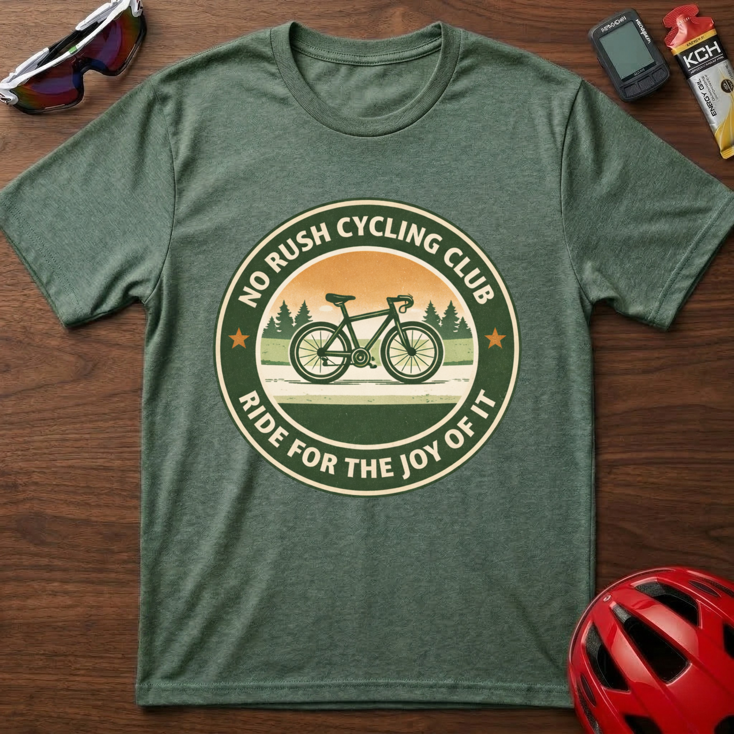 Cycling T-Shirt — “No Rush Cycling Club: Ride for the Joy of It” Vintage Bike Tee