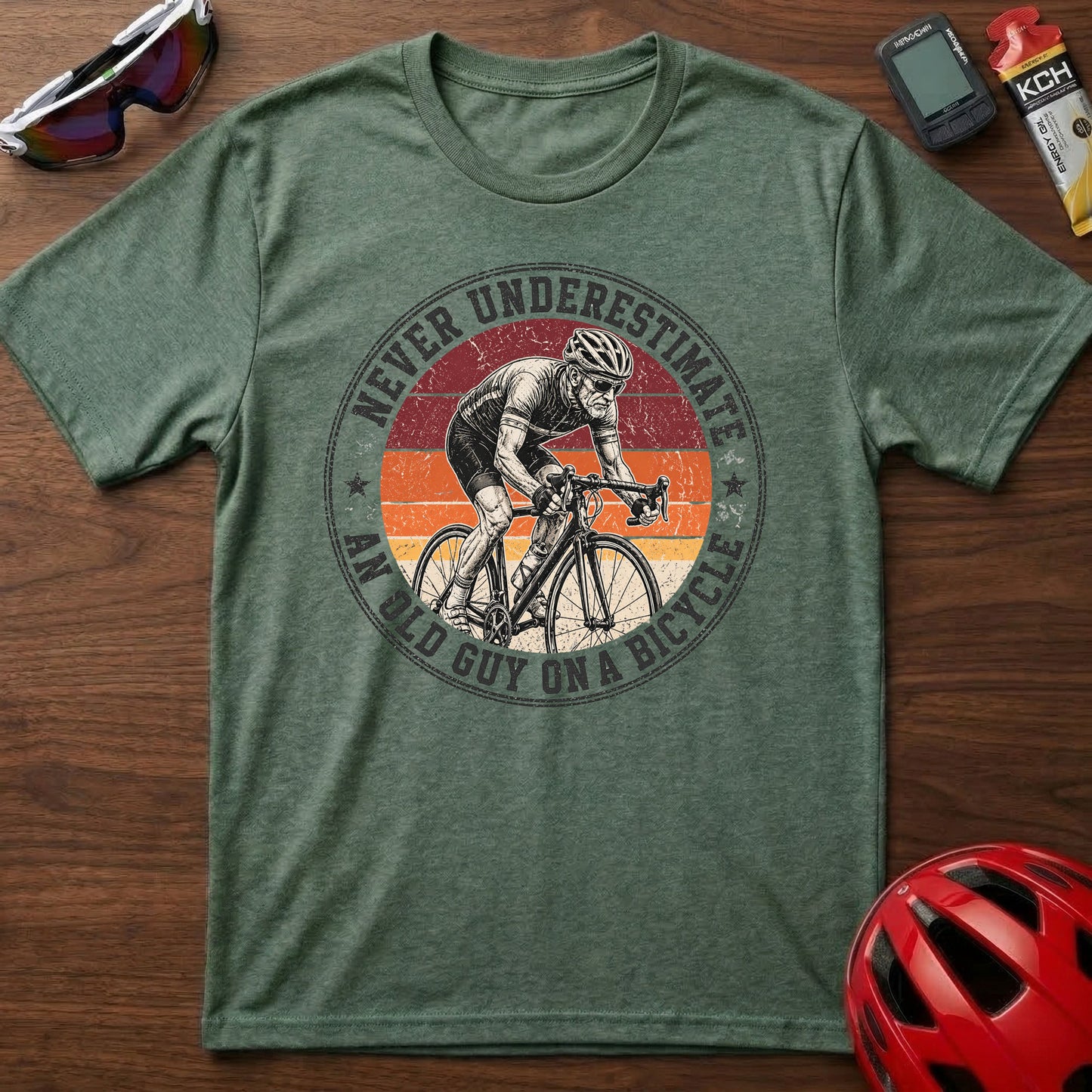 Cycling T-Shirt — "Never Underestimate An Old Guy On A Bicycle" Vintage Retro Tee