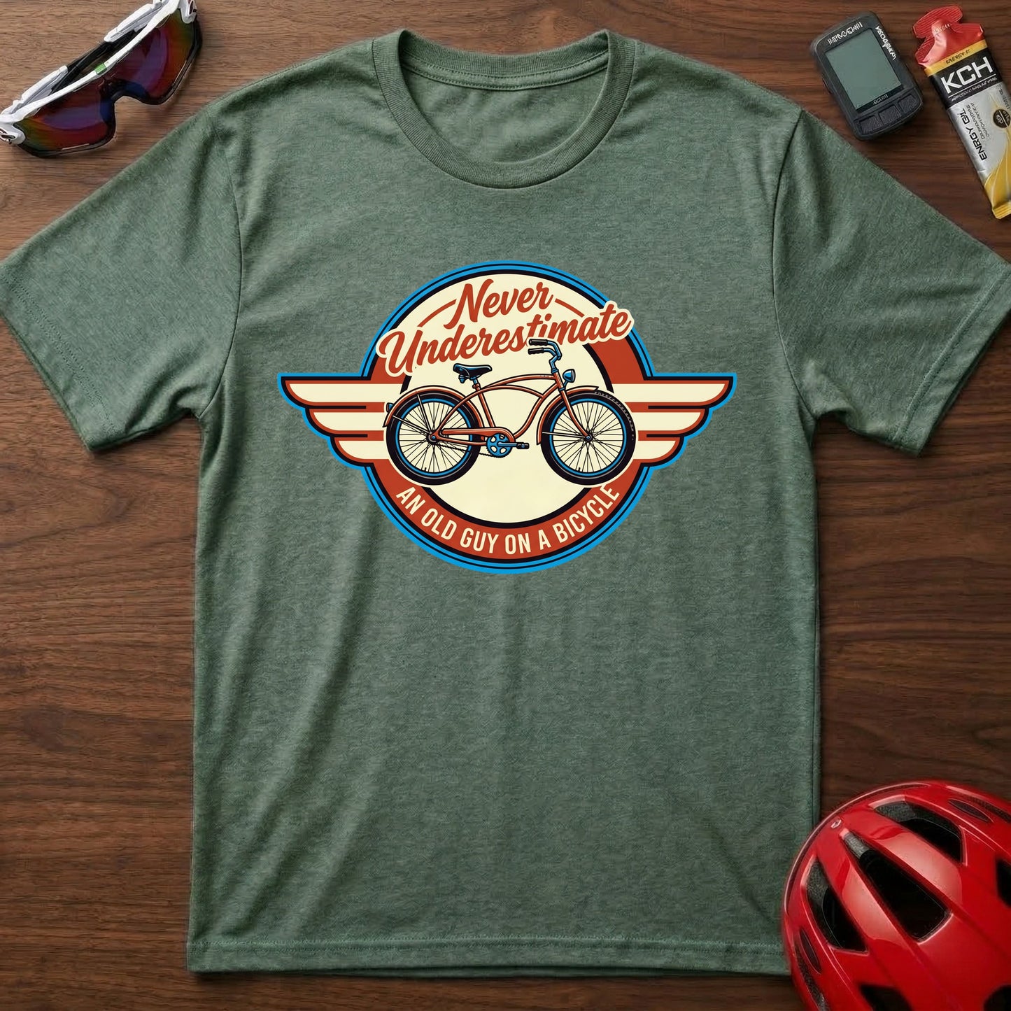 Cycling T-Shirt — "Never Underestimate a Man on a Bicycle" Retro Bike Graphic