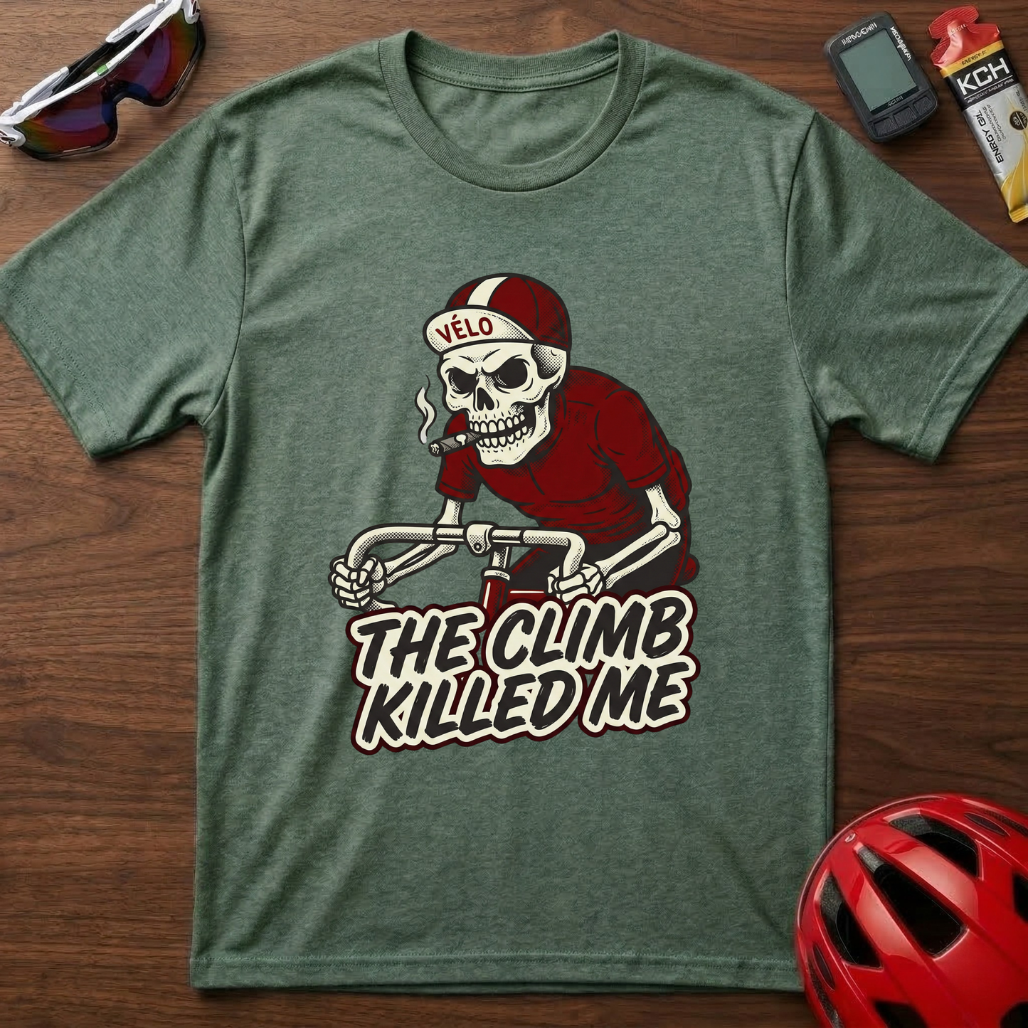 Cycling T-Shirt — 'The Climb Killed Me' Skull Biker Tee