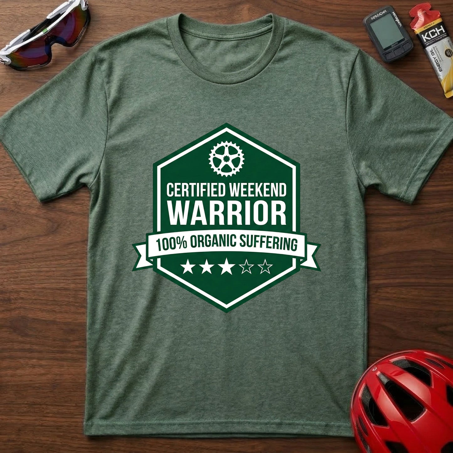 Weekend Warrior Cycling T-Shirt — “Certified Weekend Warrior: 100% Organic Suffering” Badge Tee