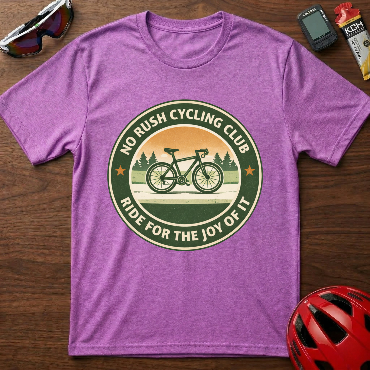 Cycling T-Shirt — “No Rush Cycling Club: Ride for the Joy of It” Vintage Bike Tee