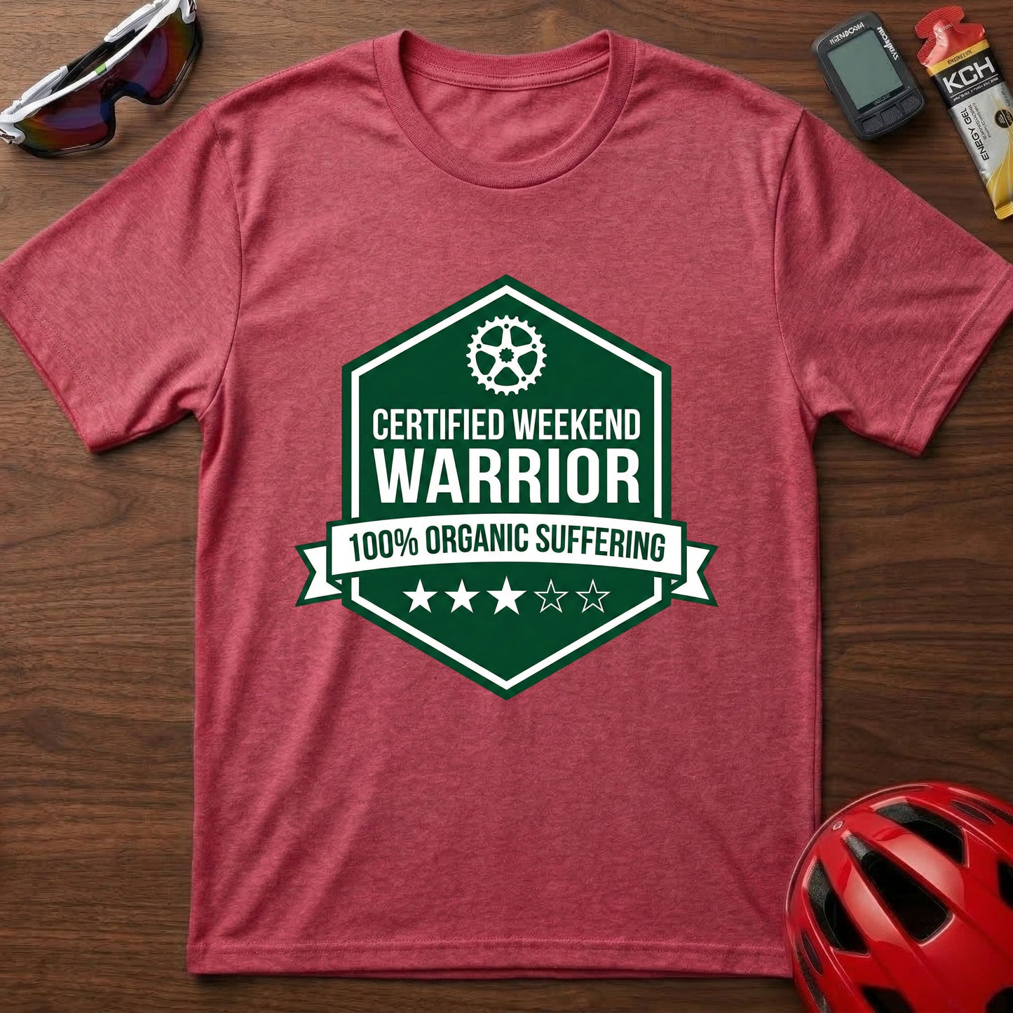 Weekend Warrior Cycling T-Shirt — “Certified Weekend Warrior: 100% Organic Suffering” Badge Tee